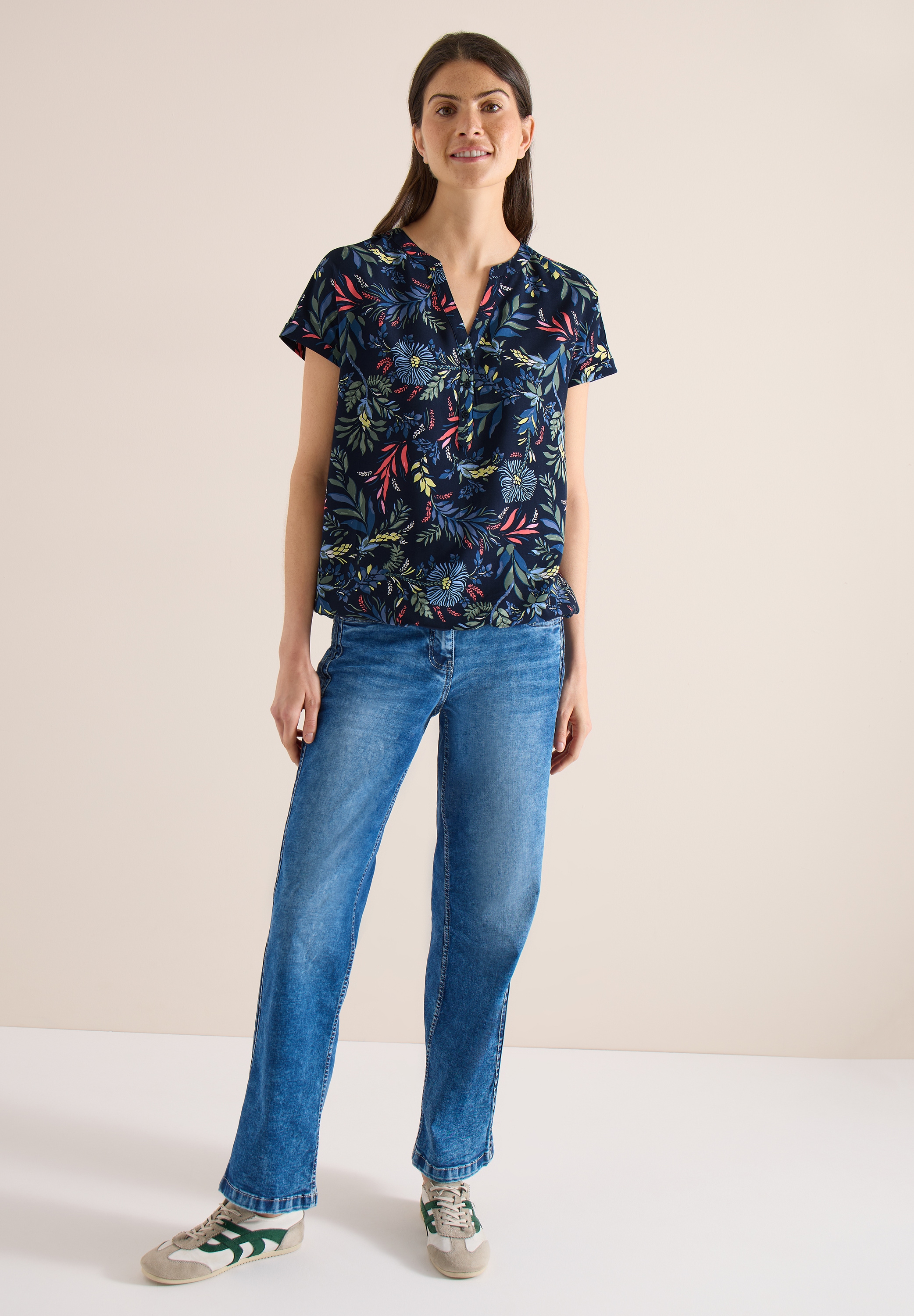 Cecil Kurzarmbluse mit geschlitztem Rundhalsausschnitt