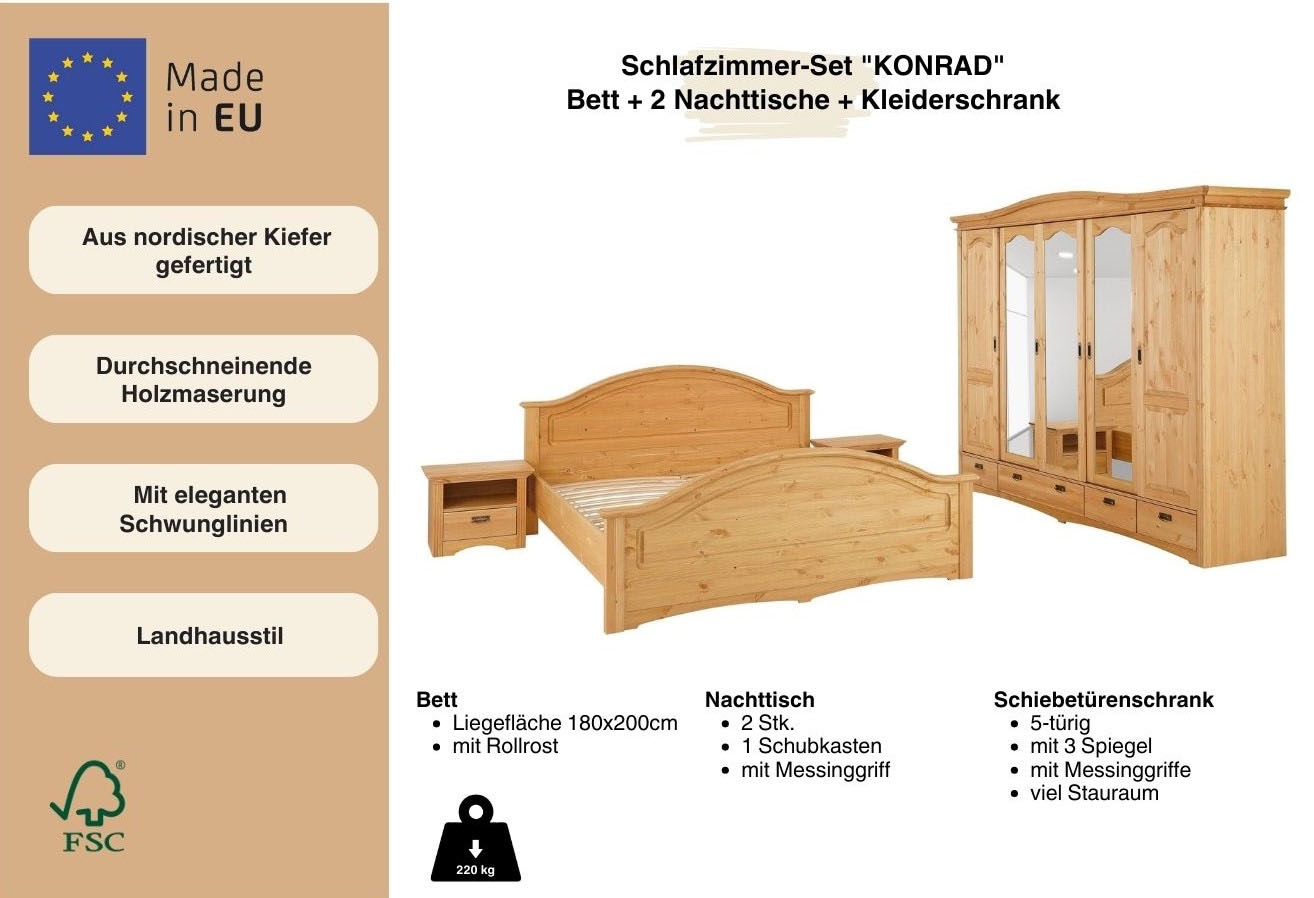 Home affaire Schlafzimmer-Set »"Konrad", komplettes Schlafzimmer mit großem Schrank«, (Set, 4 tlg., Kleiderschrank 5 türig mit Schubladen, 2 Nachttische, Bett 180x200cm), klassischer Landhausstil, Metallgriffe, Massivholz (Kiefer)