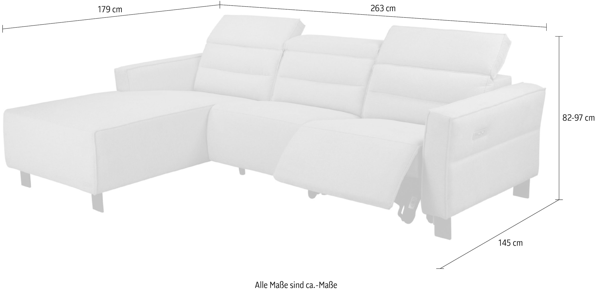 Places of Style Ecksofa »Carpari, L-Form, 263 cm, mit manueller o. elektrischer Relaxfunktion«, und USB/ Kopfteilverstellg