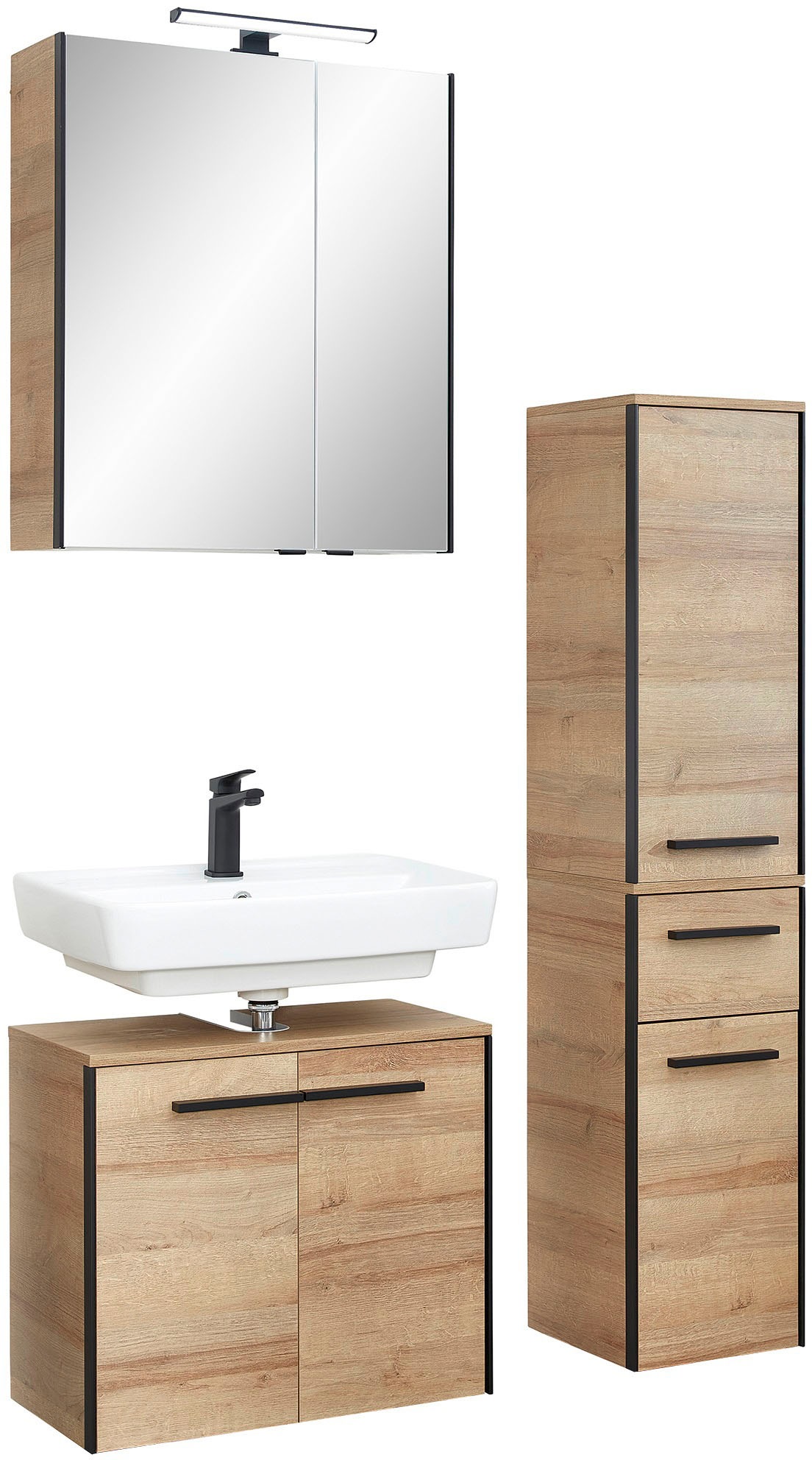 Saphir Badmöbel-Set »Quickset 395 3-teilig, Waschbeckenunterschrank mit LED-Spiegelschrank«, (4 St.), Midischrank, inkl. Türdämpfer, 6 Türen, 1 Schublade, Bad-Set