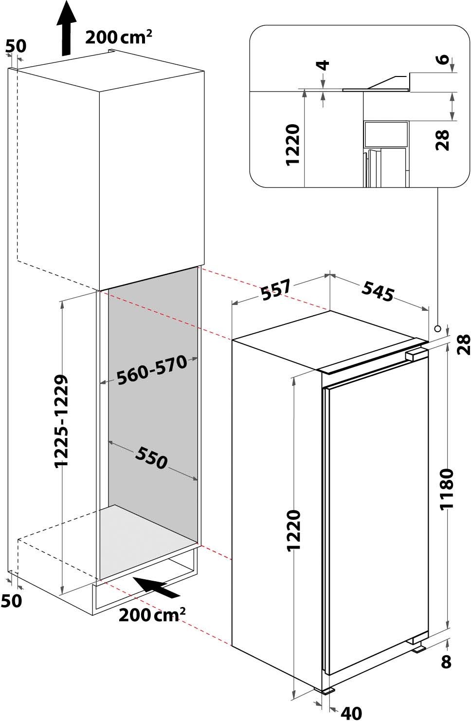 BAUKNECHT Einbaukühlschrank »KSI 12GF3«, KSI 12GF3, 122 cm hoch, 55,7 cm breit