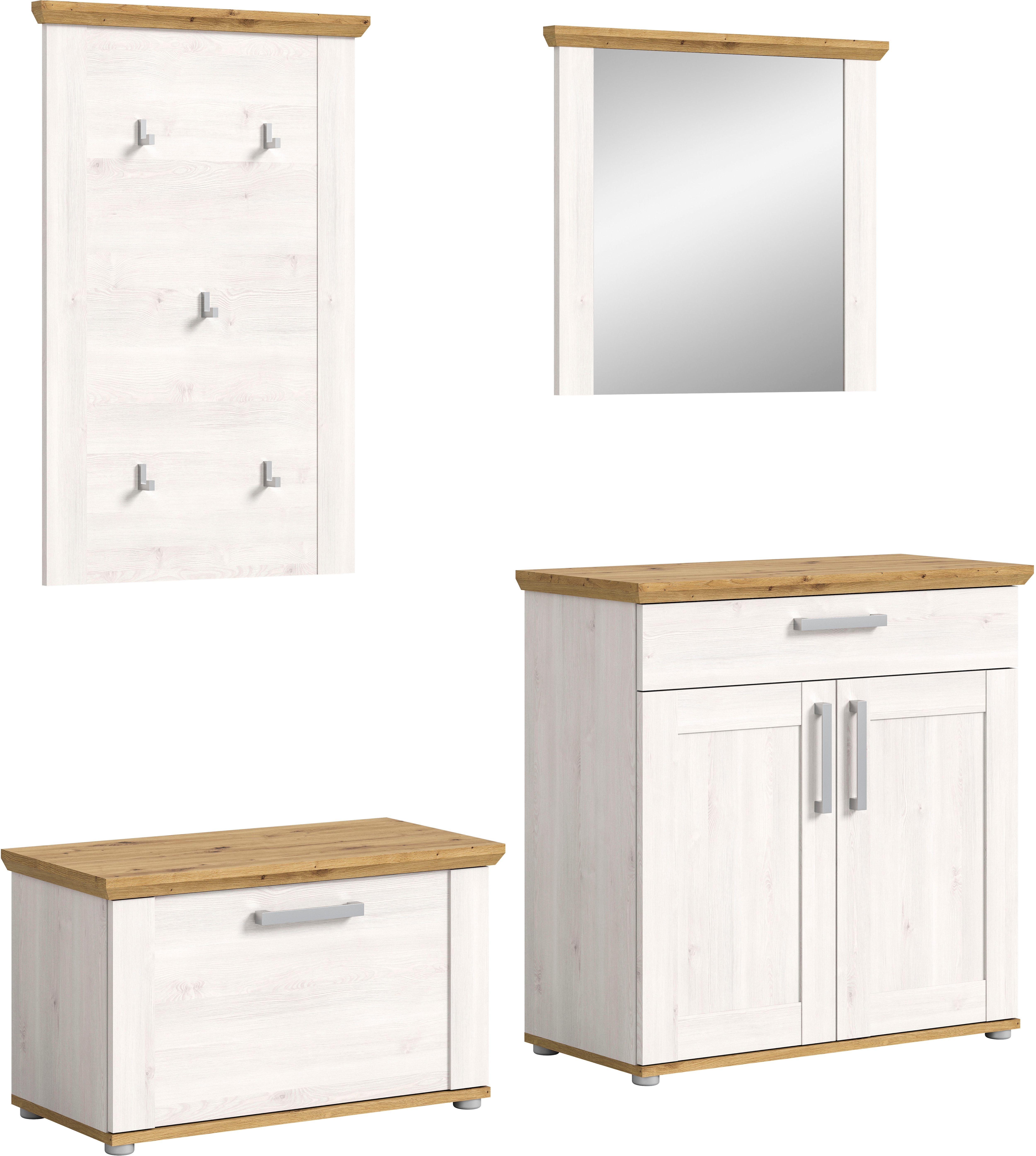 Home affaire Garderoben-Set "COSENZA, Breite ca. 190 cm, 4-teilig, in Landhausoptik" bestehend aus: Sitzbank, Garderobenpaneel, Schuhschrank, Spiegel, 4 Stk. tlg.