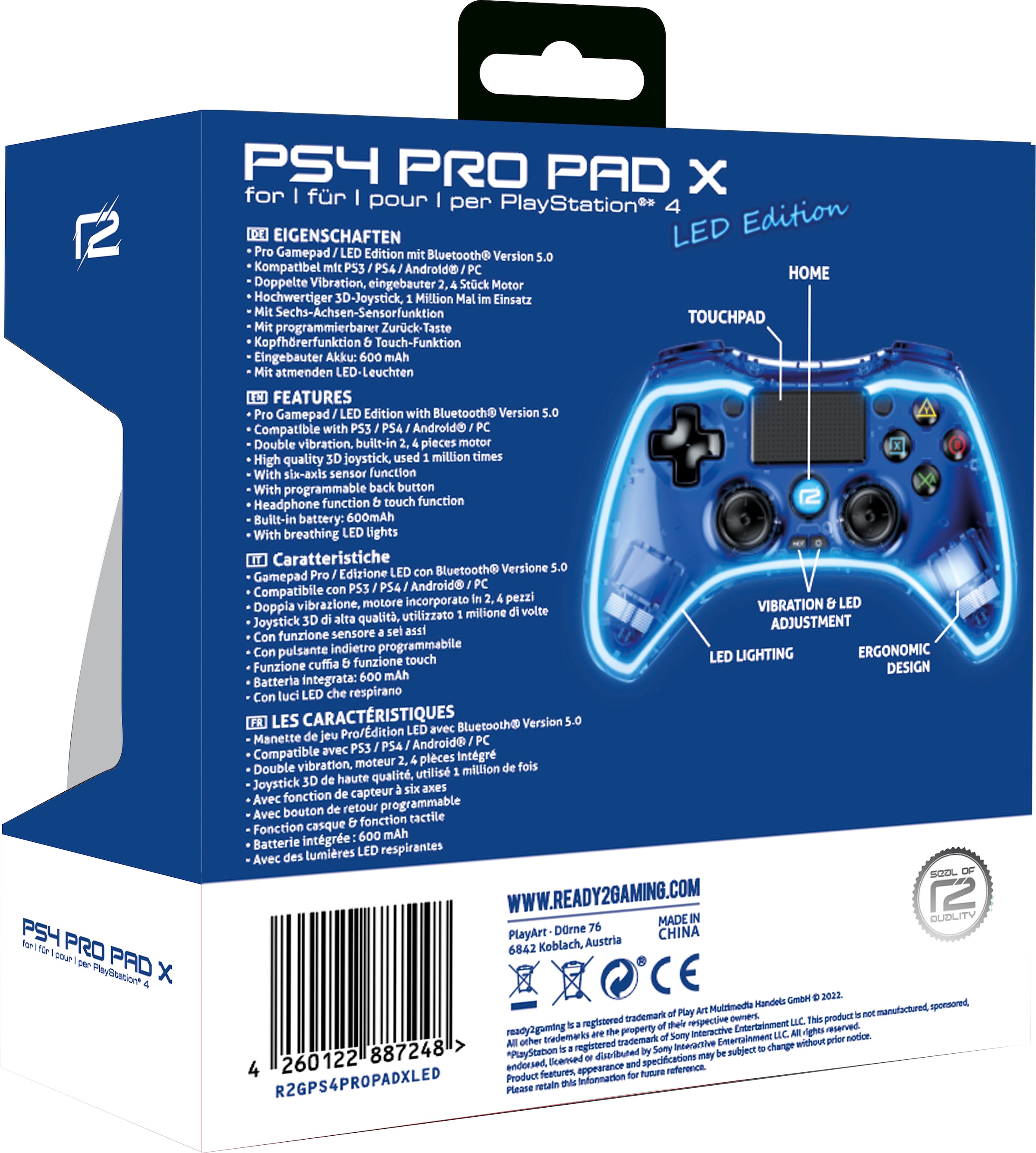 Ready2gaming Controller »PS4 Pro Pad X Led Edition transparent mit blauer LED Beleuchtung«