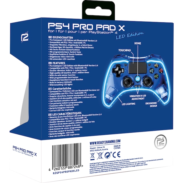 Ready2gaming Controller »PS4 Pro Pad X Led Edition transparent mit blauer  LED Beleuchtung« | BAUR