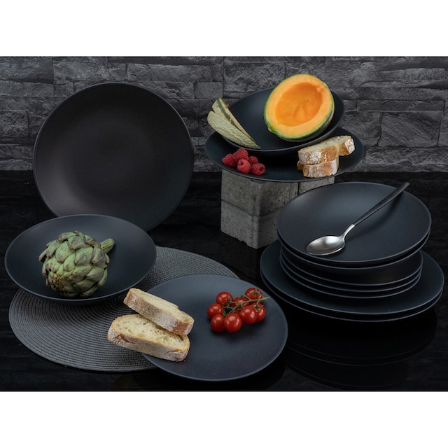 CreaTable Tafelservice »Geschirr-Set Soft Touch Black«, (Set, 12 tlg.,  Teller Set für 4 Personen), Service, schwarz, seidenmatte Glasur, 12 Teile,  für 4 Personen | BAUR