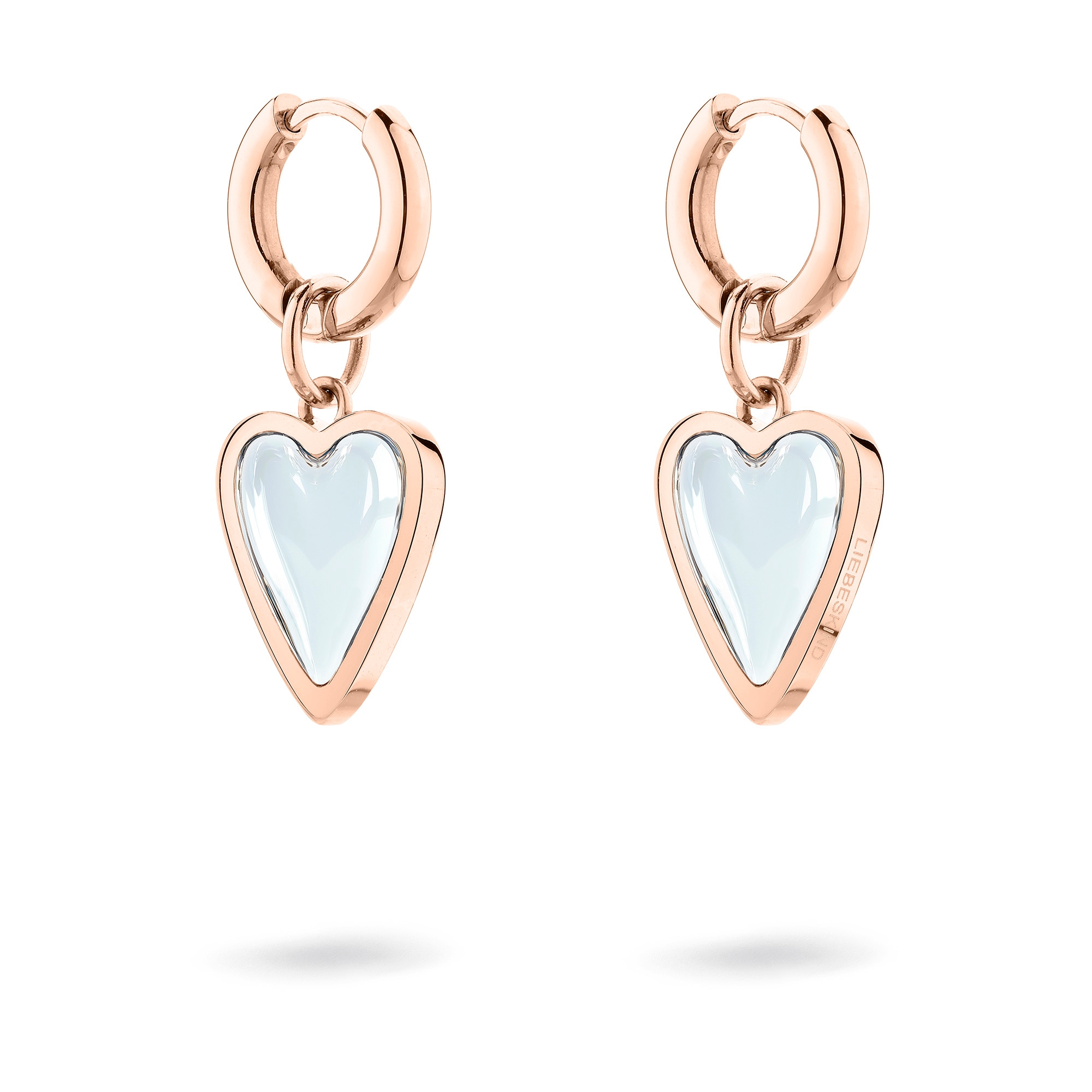 Paar Creolen LIEBESKIND BERLIN "Schmuck Ohrringe mit abnehmbaren Herz-Einhängern Glass Heart", roségoldfarben, transparent, transparent, Ohrringe, Damen, Edelstahl, mit Glasstein