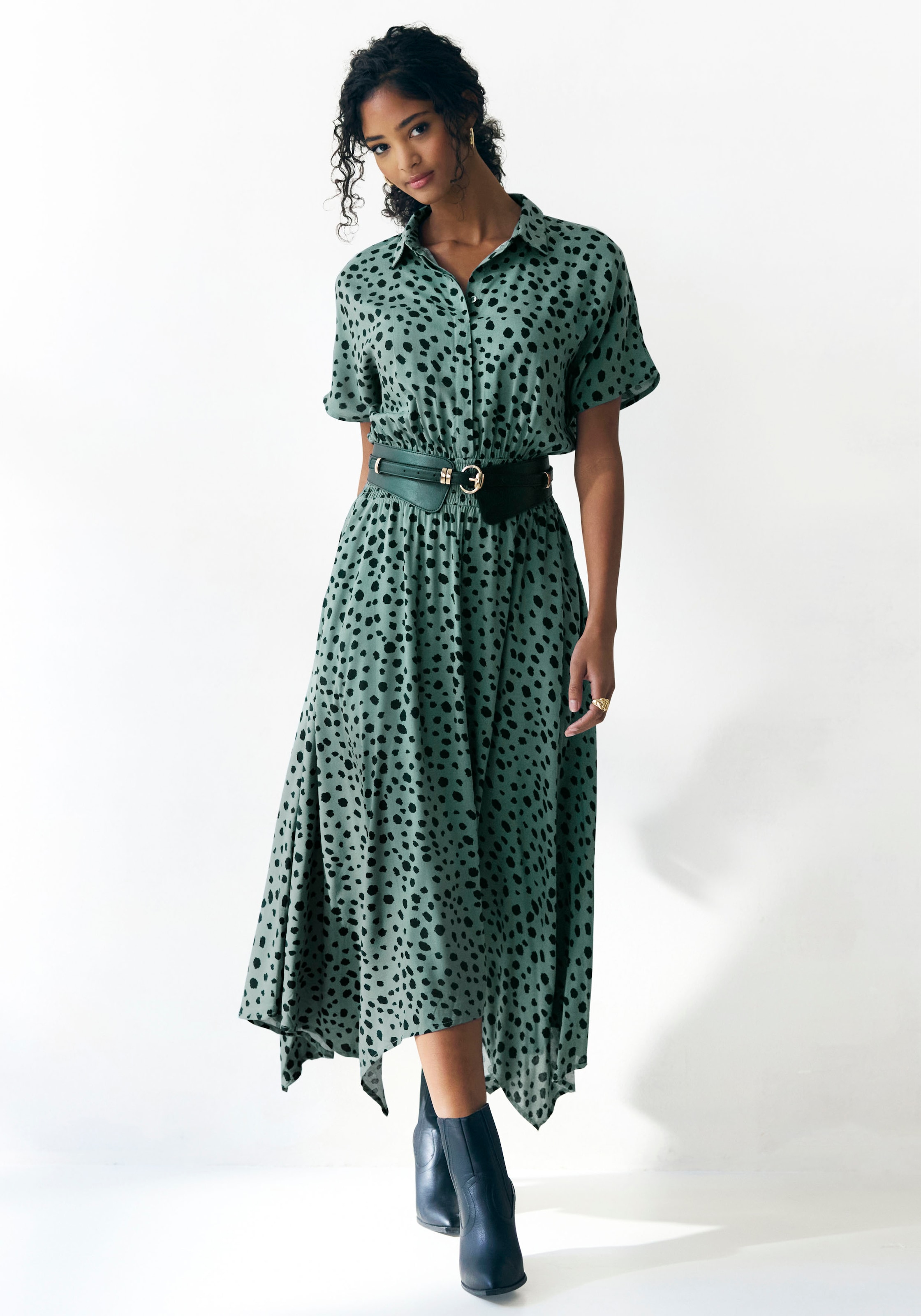 LASCANA Druckkleid mit Punktedruck und asymmetrischem Saum, Hemdblusenkleid günstig online kaufen