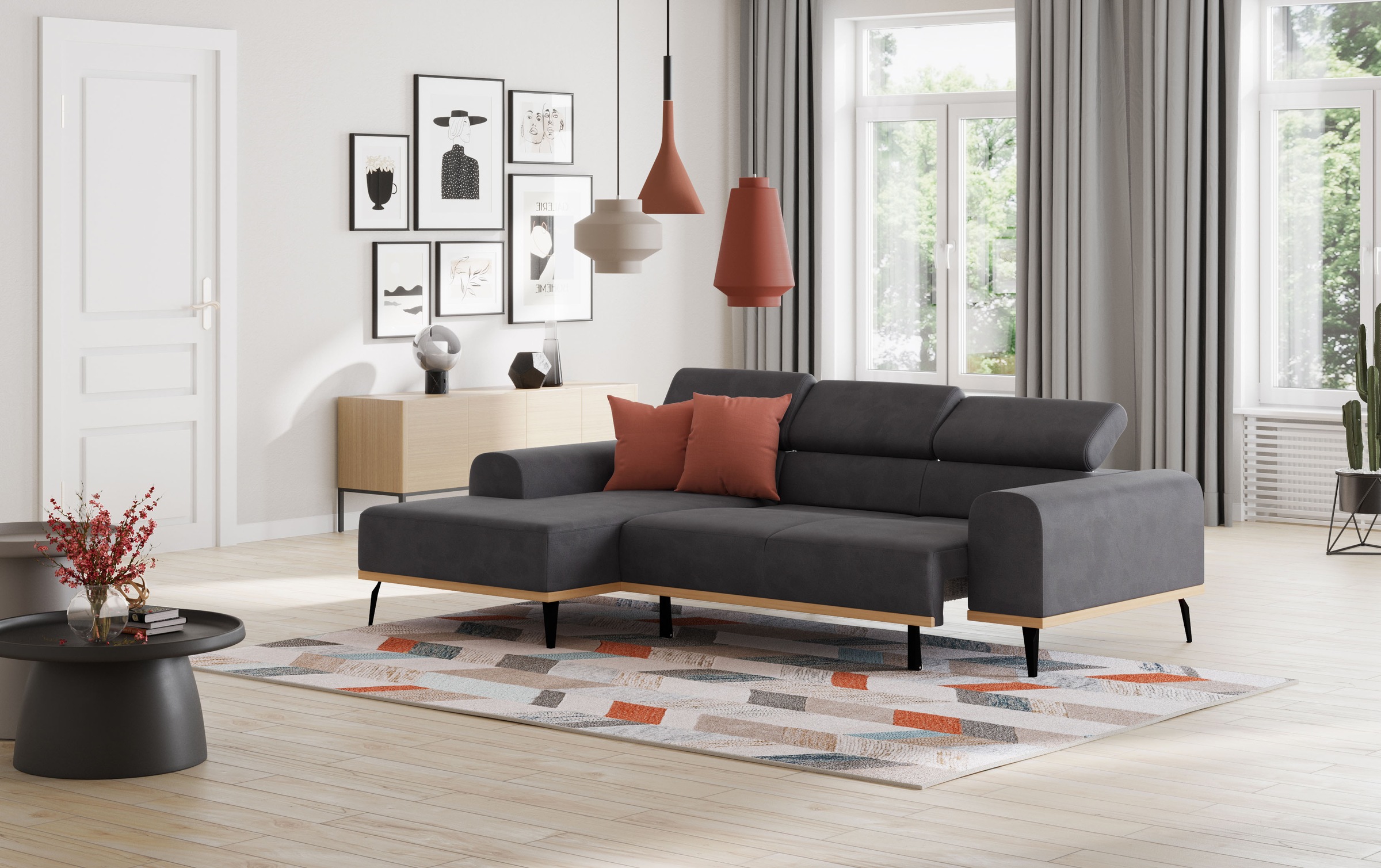 Places of Style Ecksofa »Carlo L-Form«, mit Kopfteilverstellung & Holz-Rahmenoptik, wahlweise Relaxfunktion