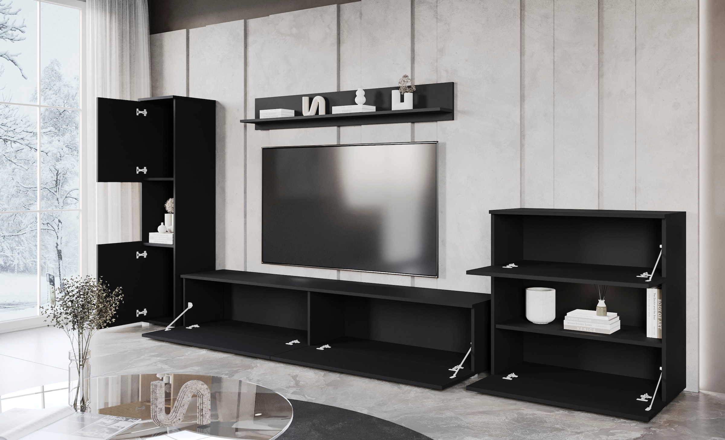 INOSIGN Wohnwand »PARIS«, (Komplett-Set, 4 St.), TV-Wand 300cm breite, grifflose Design, stehend und hängend montierbar
