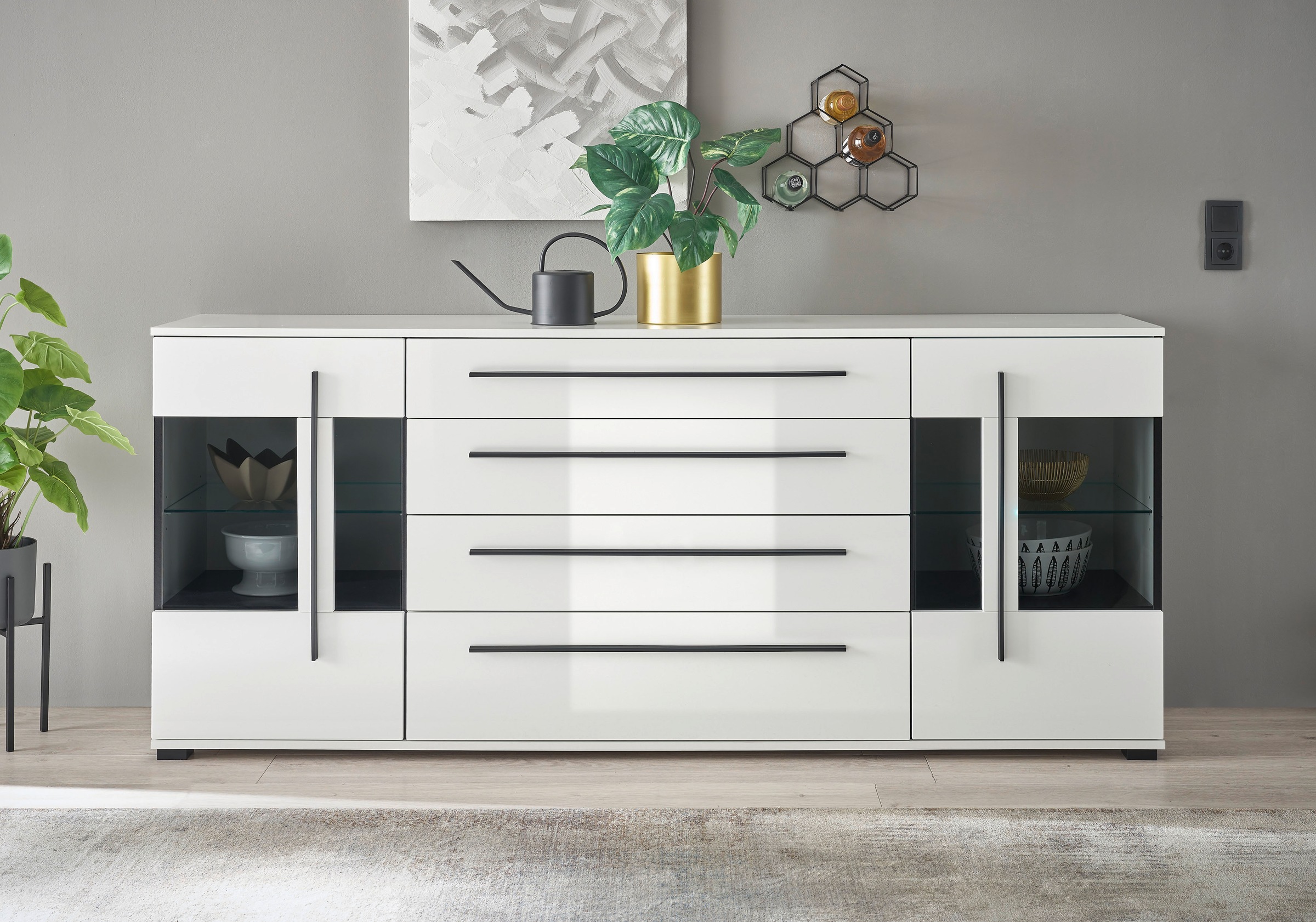 Home affaire Sideboard "Cantara, moderner Schrank, Kommode in Eiche Evoke, Weiß oder Kaschmir" schwarze Stangengriffe, ausreichend Stauraum, vielseitig einsetzbar