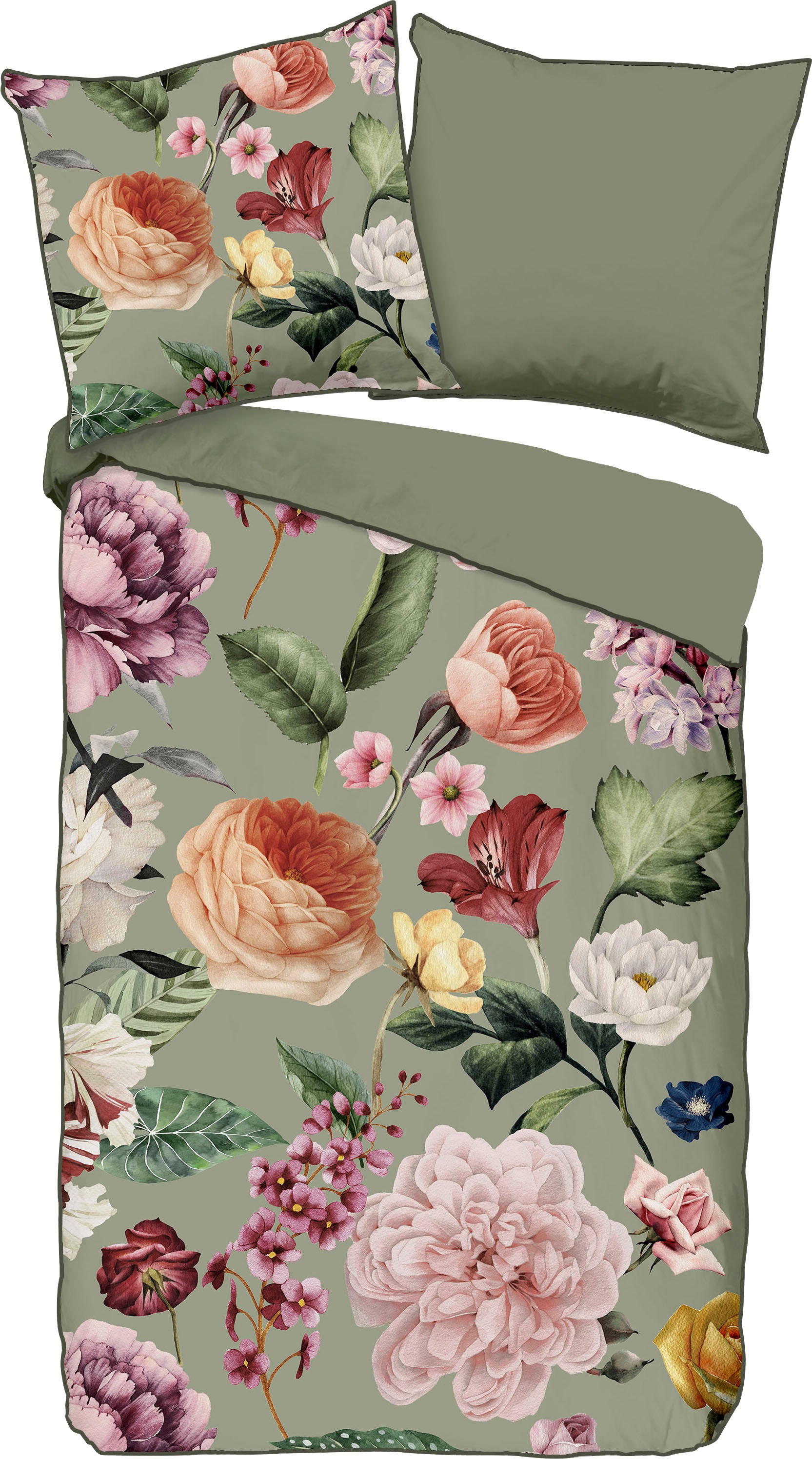 Descanso Wendebettwäsche »Fiori«, Baumwolle, Satin, 135x200, Biese, Reißverschluss, Wende, Blumen Sand
