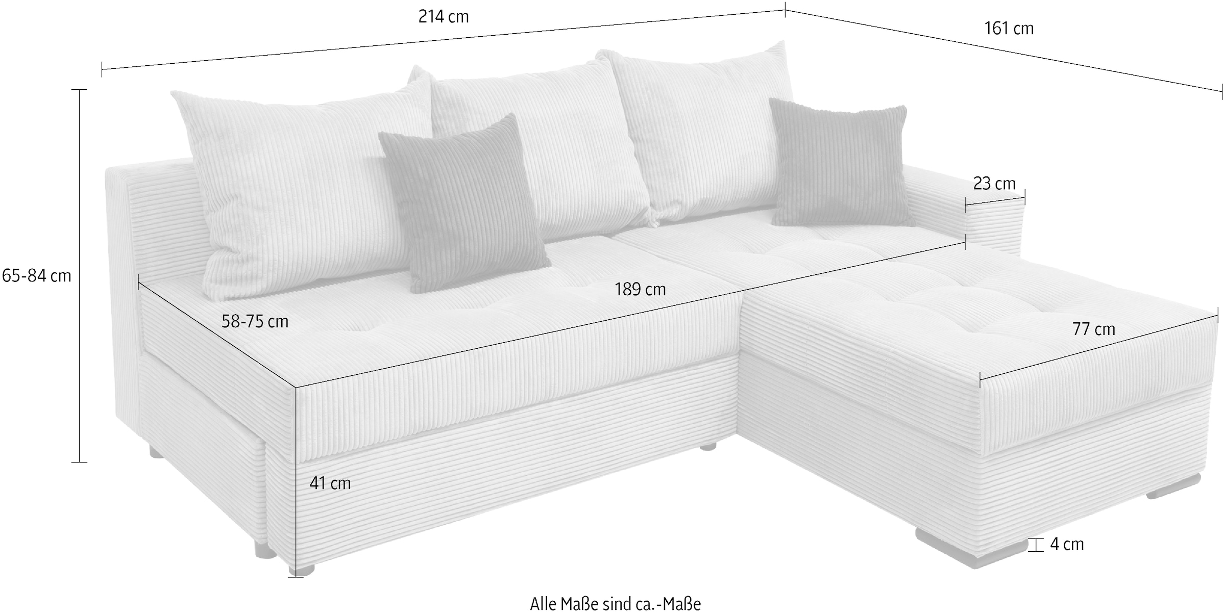 COLLECTION AB Ecksofa »Josy L-Form, Breite 214 cm, mit 3 großen Rückenkissen«, (Cord-/Mix), mit Bettfunktion und Bettkasten, Federkern