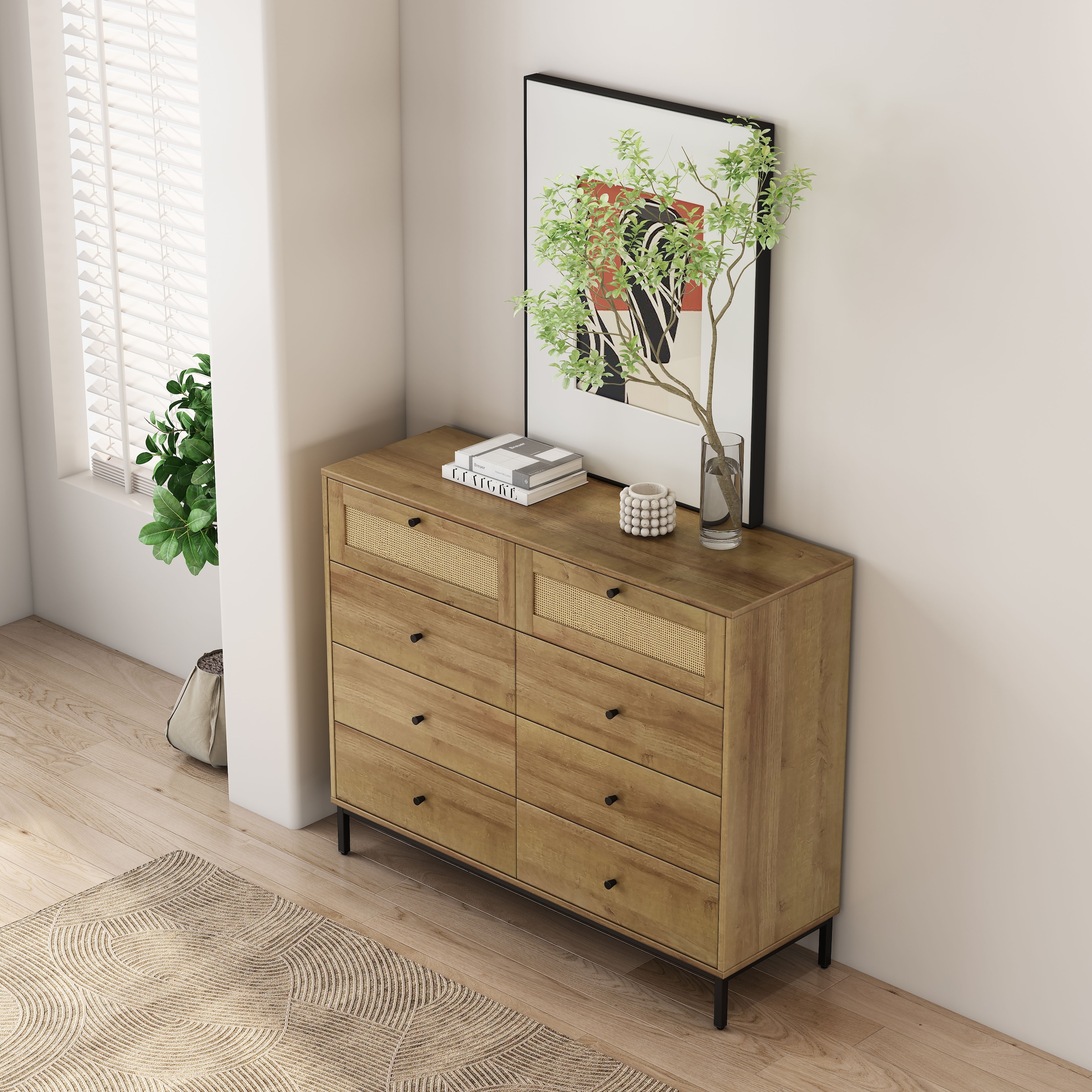 OTTO home Kombikommode »Motala Wäsche Schrank mit 8 Schubladen Sideboard BOHO Design« Eichen-Design mit schwarzen Griffen und Geflecht Schubladen, 