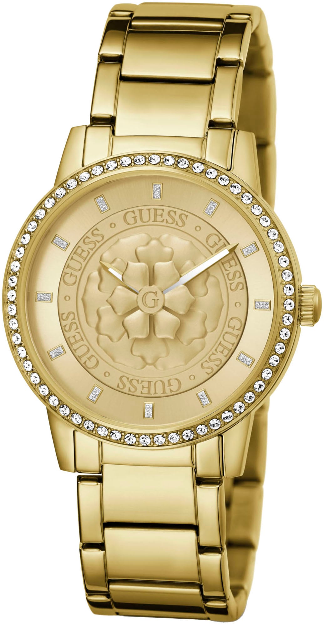 Guess Quarzuhr »PETAL«, Armbanduhr, Damenuhr, Kristallsteine, Mineralglas, Edelstahlarmband