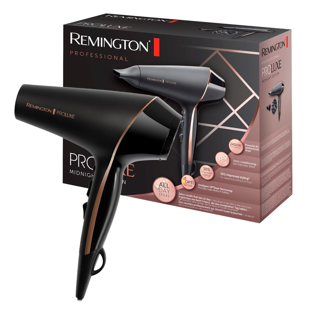 Remington Haartrockner »PROluxe Midnight Edition (AC9140B)«, 2400 W, 3 Aufsätze, Profi, mit Ionenpflege, OPTIheat-Technologie und langlebigem AC-Motor