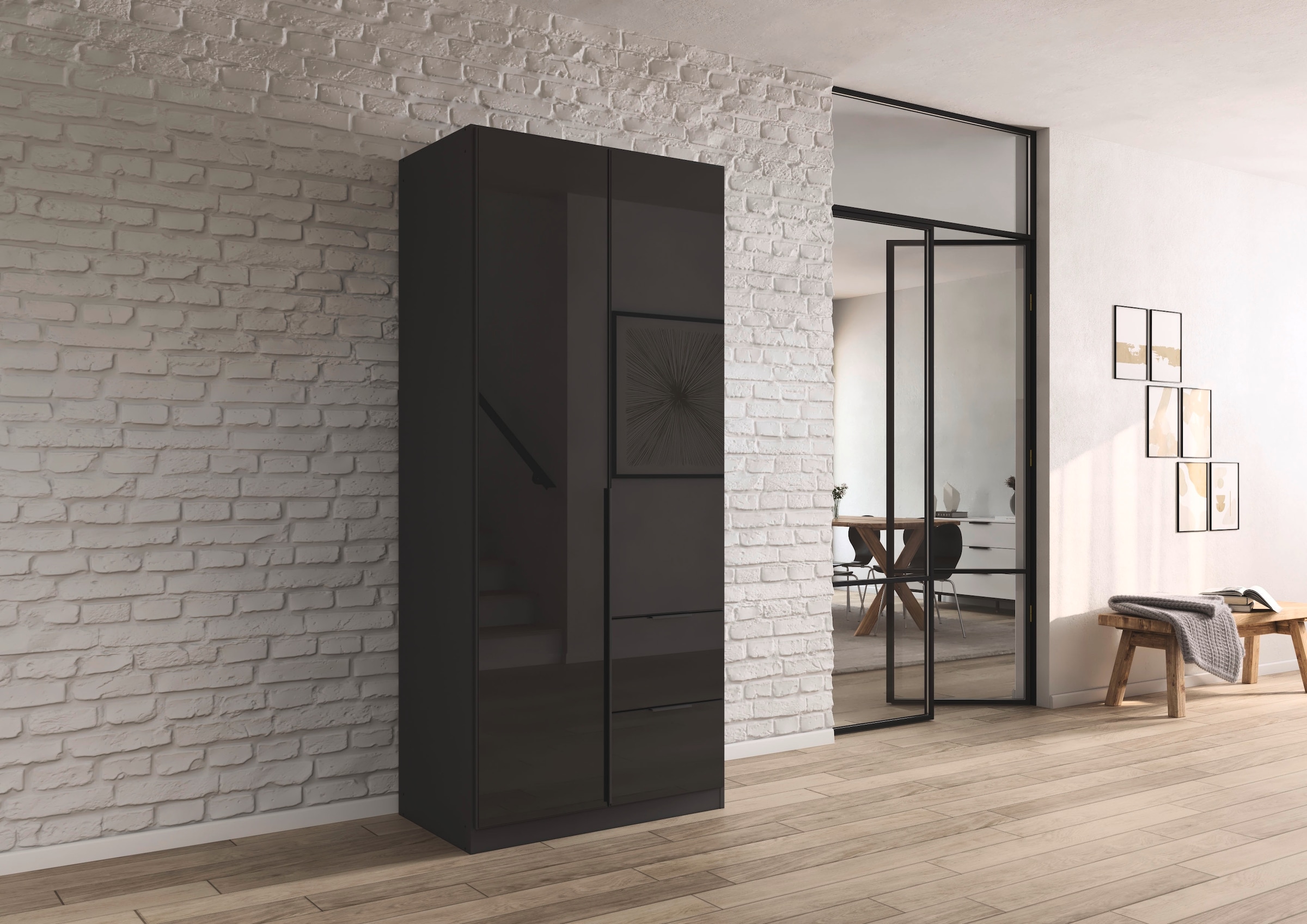 rauch Drehtürenschrank »Kleiderschrank Kleiderschränke Schrank Garderobe AGORDO mit Glasfront«, (in zwei Griff-Farben, Breiten 91-360 cm), mit Außenschubkästen, in 7 Breiten und 2 Höhen MADE IN GERMANY