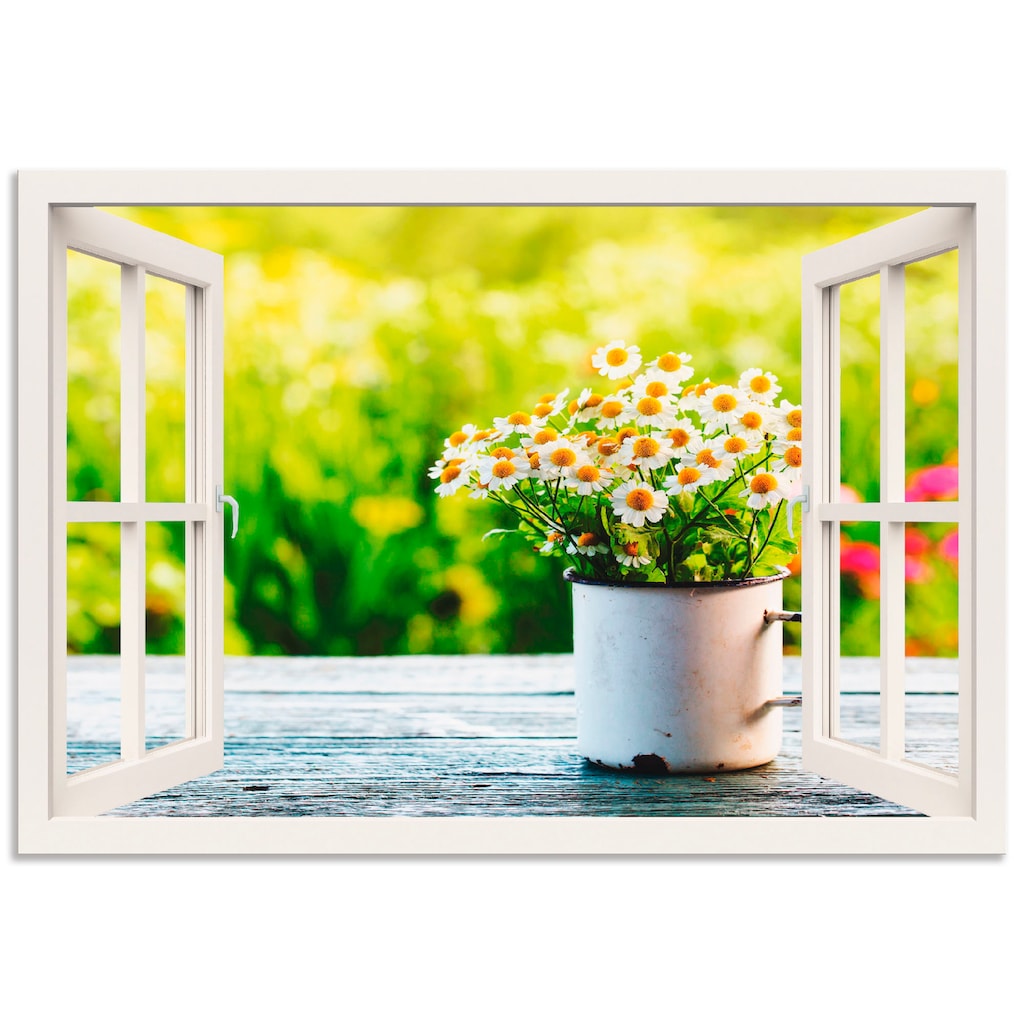 Artland Wandbild »Fensterblick Garten mit Gänseblümchen«, Blumen, (1 St.)