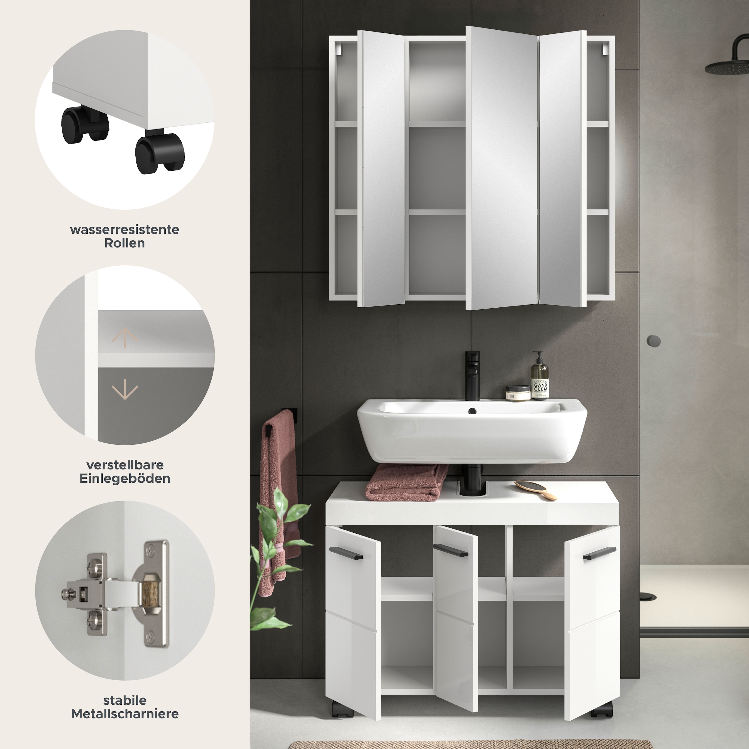 welltime Badmöbel-Set »AVON, Breite 82 cm, 2-teilige moderne Badkombination, auf Rollen« bestehend aus: Waschbeckenunterschrank & Spiegelschrank, 2 Stk. tlg.