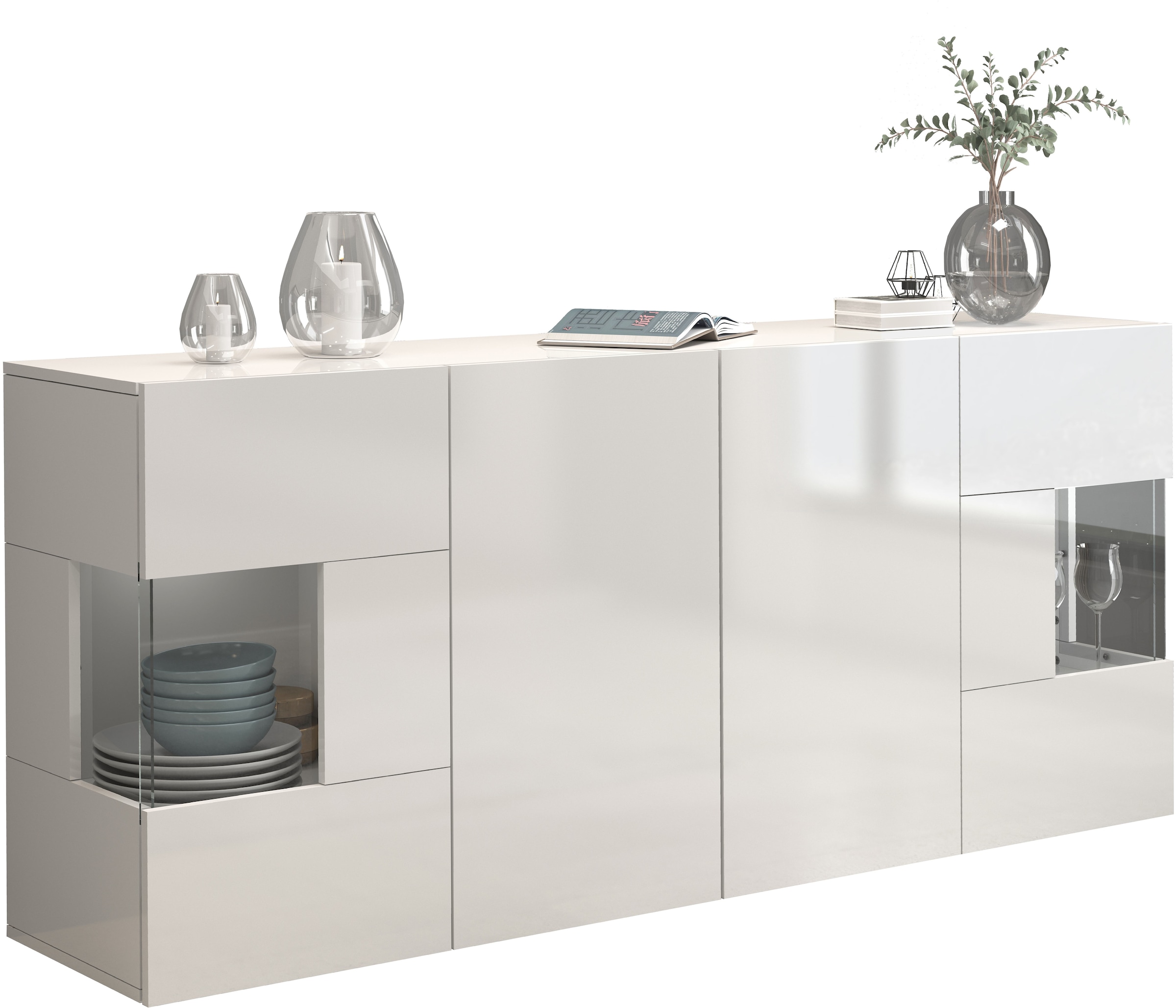 INOSIGN Sideboard »Egypt, Kommode, Schrank, Kredenz, Vitrine grifflos«, 4 Türen davon 2 mit Glaseinsatz, kompl. Hochglanz lackiert, Breite 180
