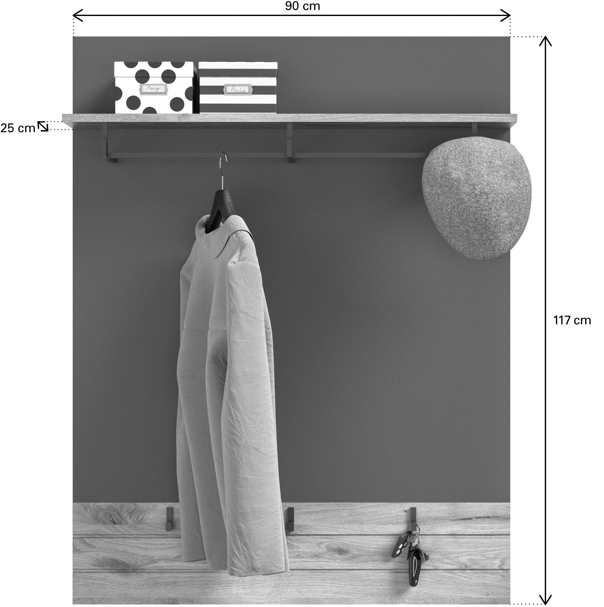 INOSIGN Garderobenpaneel »Riga, Höhe 117 cm, mit Hutablage, Kleiderstange, 3 Haken«, Wandpaneel, Paneel, Wandhaken, Wandboard