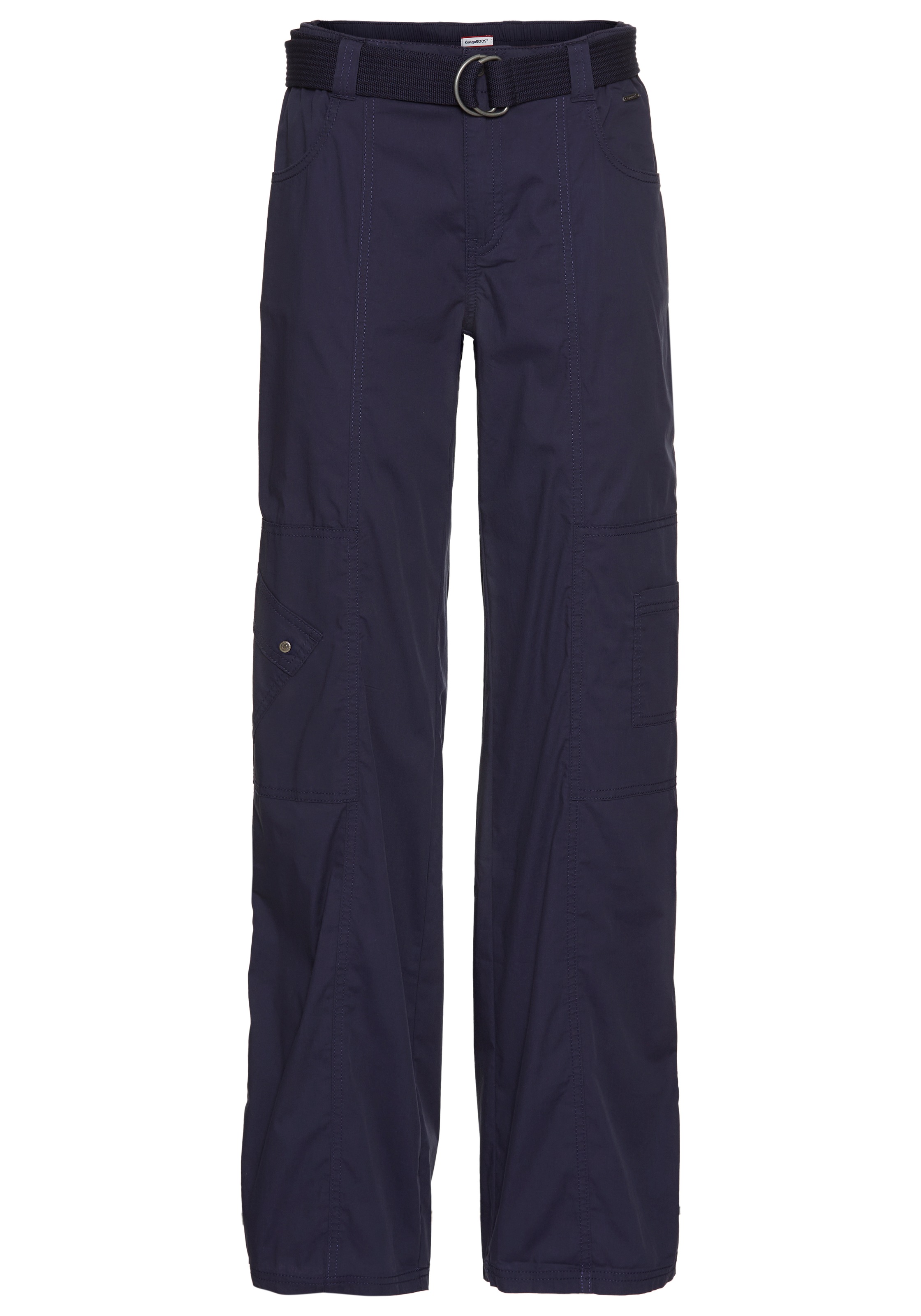 Cargohose KANGAROOS, Damen, Gr. 46, N-Gr, blau (marine), Web, Obermaterial: 50% Baumwolle, 46% Polyamid, 4% Elasthan, kontrastfarbene Details, unifarben, bequem bodenlang, Hosen Cargohose, mit besonderem Taschen-Design, Topseller 3