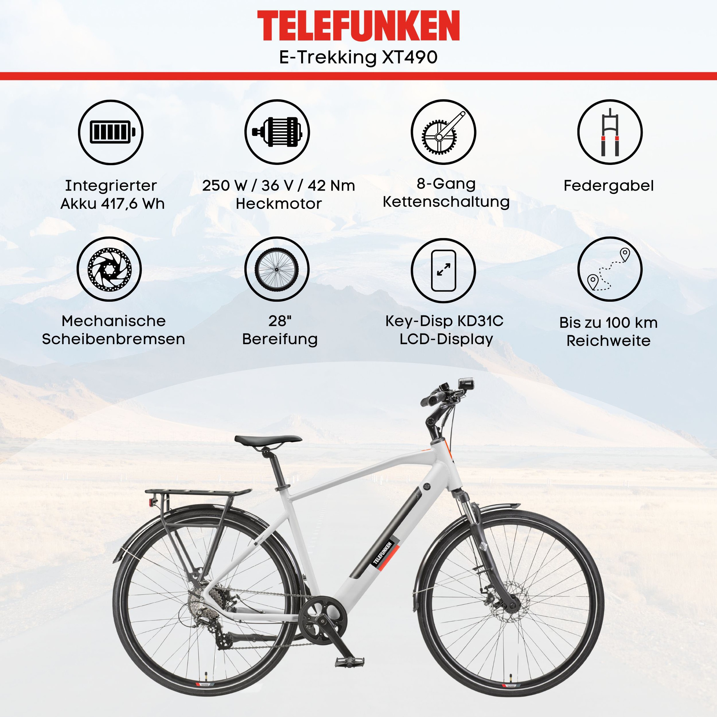 Telefunken E-Bike »E-Trekking Expedition XT490 Herren«, 8 Gang, Shimano, Altus, Heckmotor 250 W, Pedelec, Elektrofahrrad, Herren, innerhalb StVZO, 28 Zoll