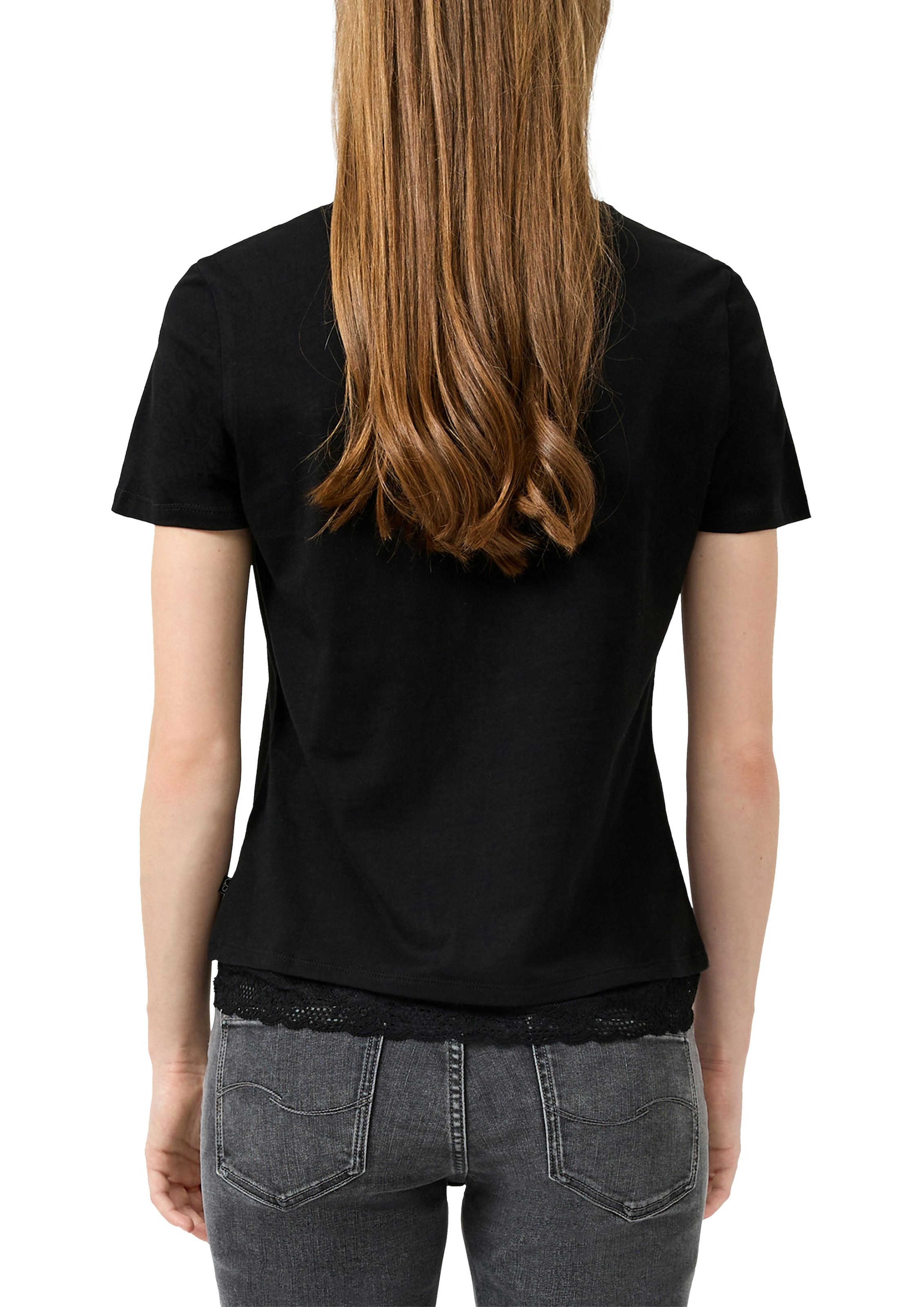 QS Rundhalsshirt mit Letter-Print und Spitze am Saum