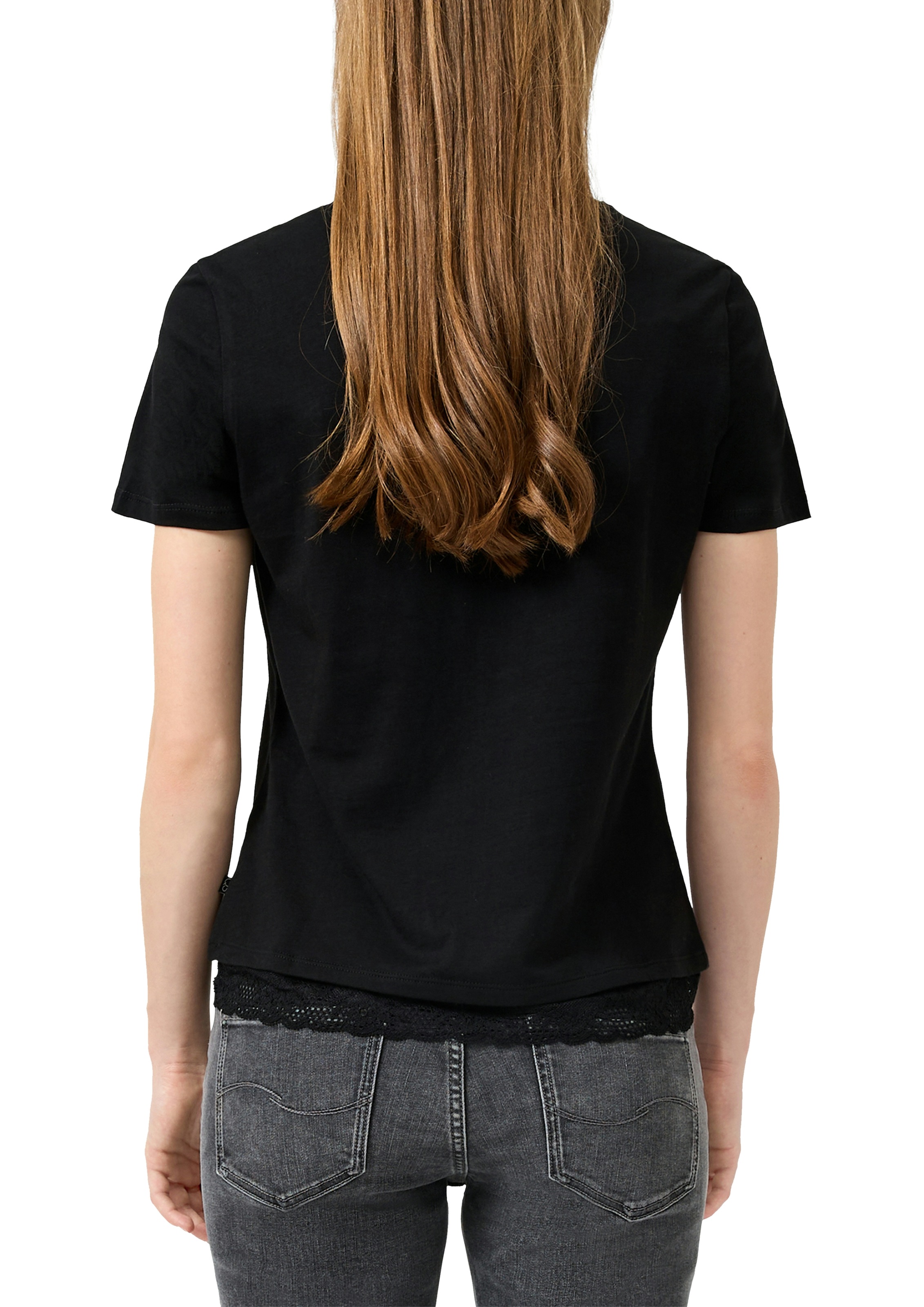 QS Rundhalsshirt mit Letter-Print und Spitze am Saum günstig online kaufen