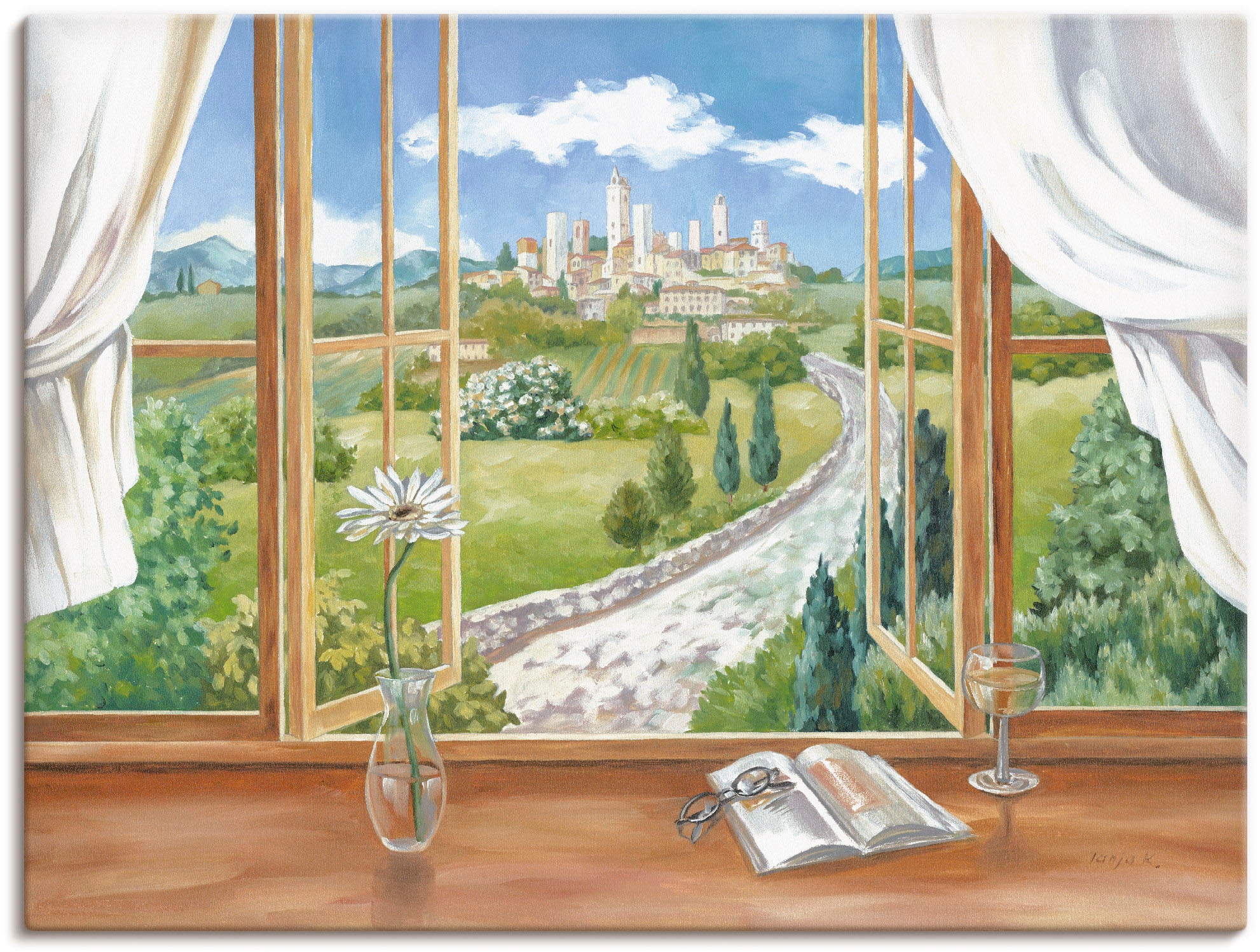 Toskana«, als Wandbild Größen Artland Poster | St.), bestellen versch. Leinwandbild, oder BAUR »Fenster zur in Fensterblick, (1 Wandaufkleber Alubild,