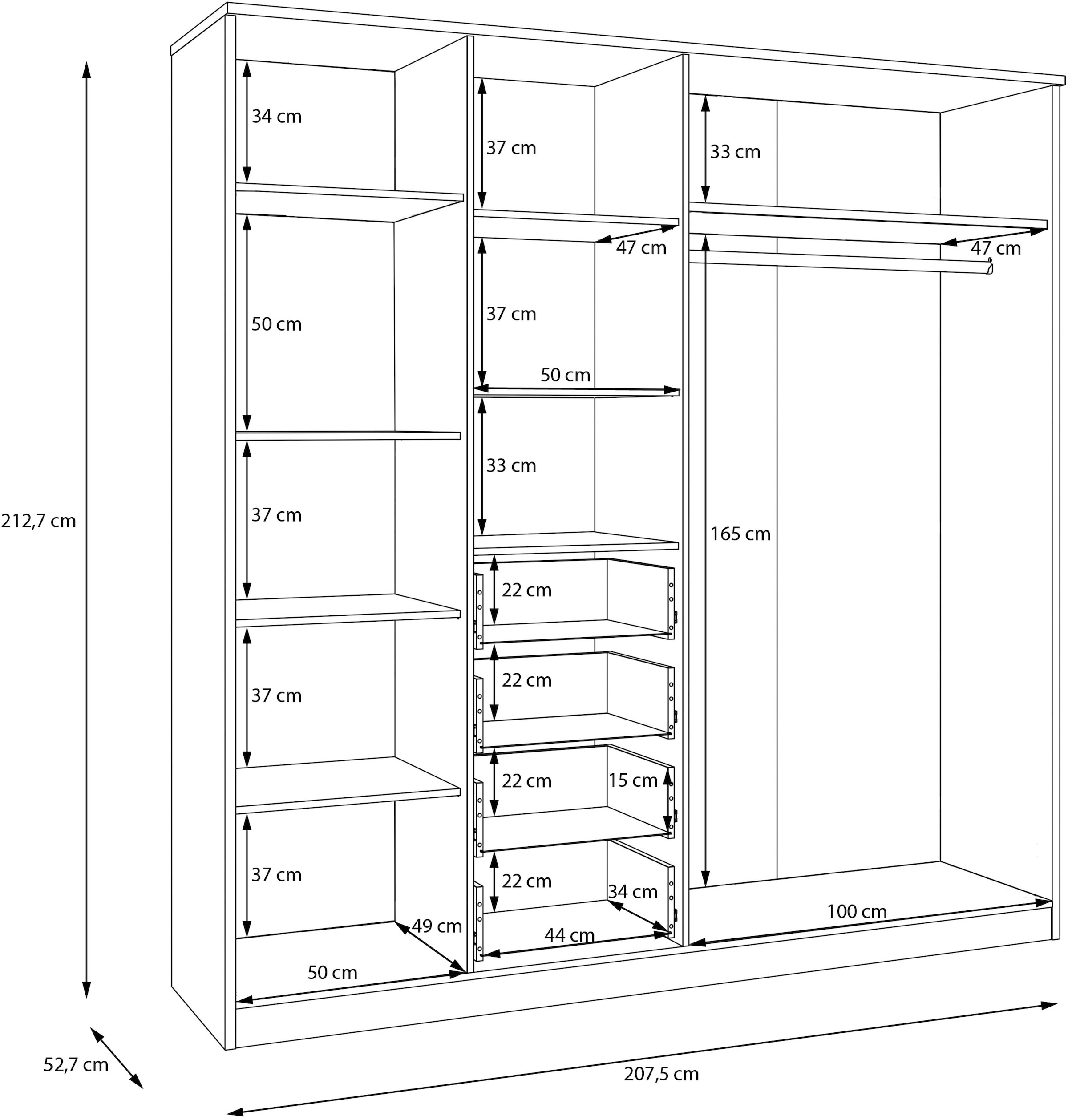 FORTE Kleiderschrank »Forte FORTASTA, 4 Schubladen, offene Ablage« B/H/T 207,5/212,7/52,7 cm, Spiegeltüre