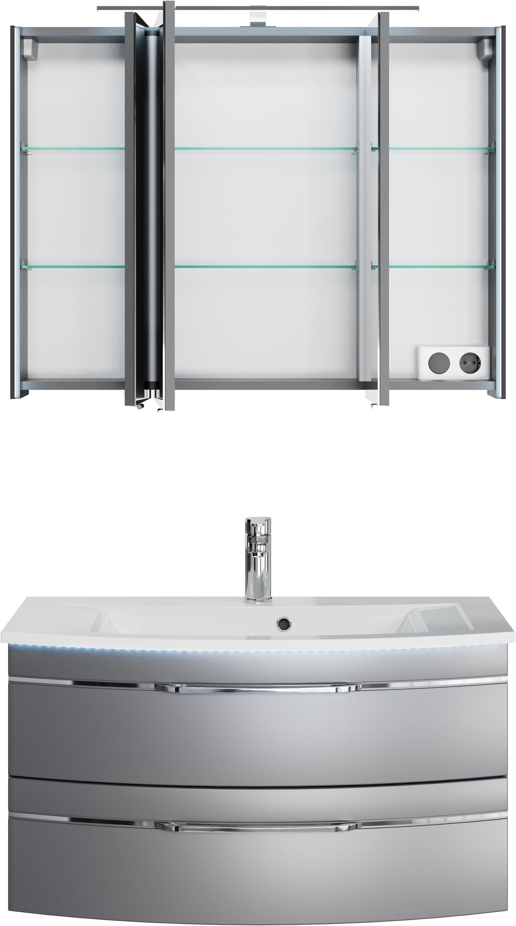 Saphir Badmöbel-Set »Serie 7045 2-teilig Mineralmarmor-Waschtisch mit LED-Spiegelschrank«, (Set, 2 St.), Badezimmer-Set 93,2 cm breit, inkl. Türdämpfer, 3 Türen, 2 Schubladen