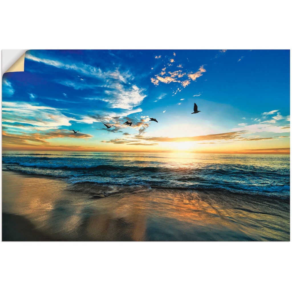 Artland Wandbild »Strand Möwen Meer Sonnenuntergang«, Sonnenaufgang & -untergang, (1 St.), als Alubild, Outdoorbild, Leinwandbild, Poster, Wandaufkleber
