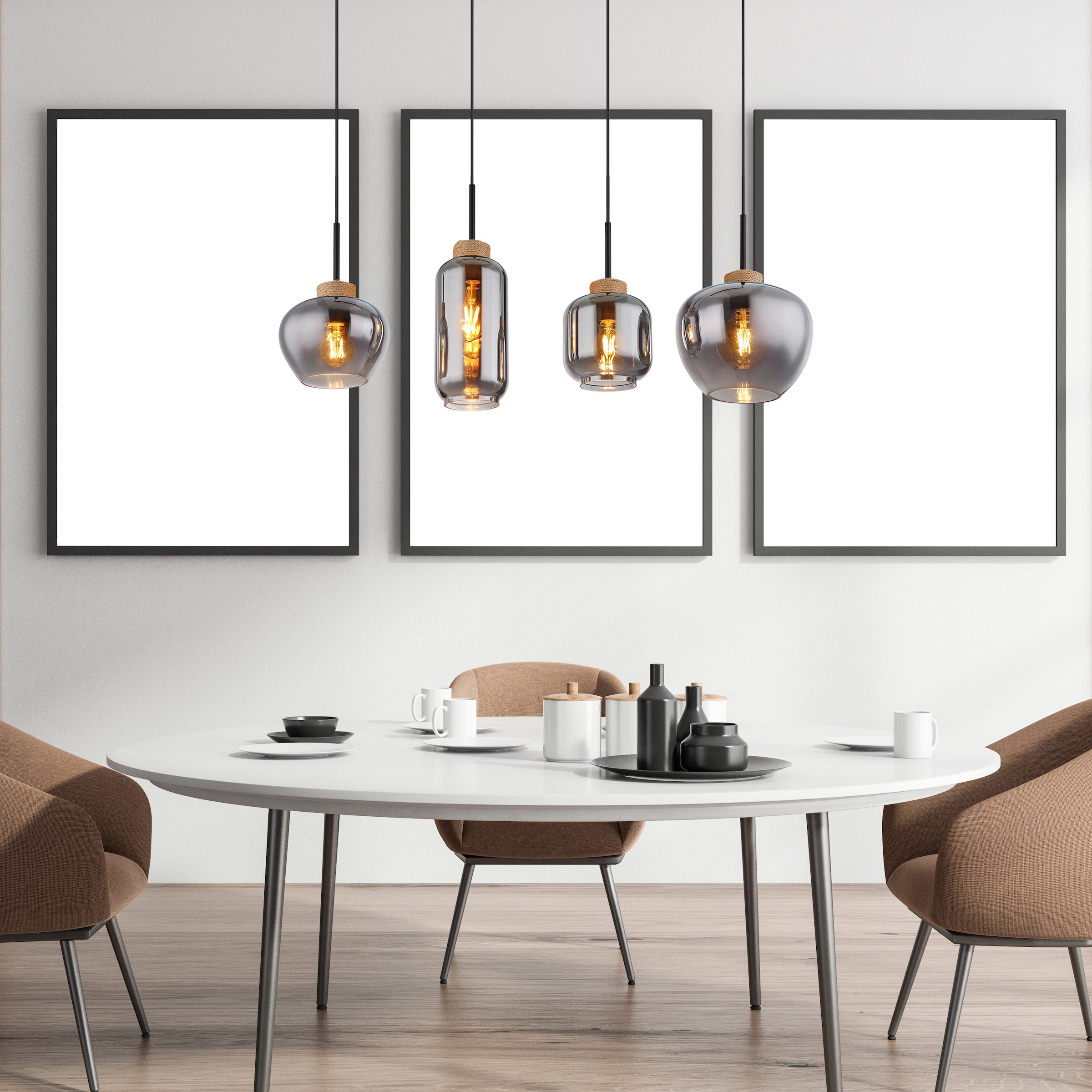 GLOBO LIGHTING Hängeleuchte »MATT« E27 1 Stk. Hängeleuchte Schwarz/Hanf, Rauchglas, 4 Gläser, höhenkürzbar, E27