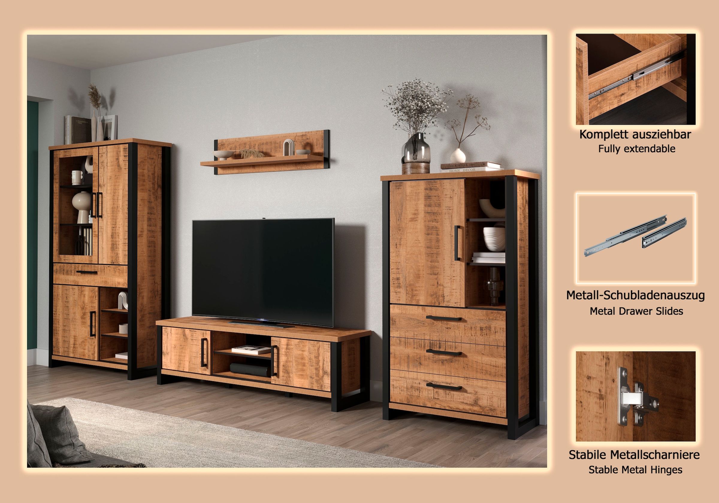 Home affaire Wohnwand »Elda« Komplett-Set, 4 Stk. tlg. Set bestehend aus: TV Lowboard, Vitrine, Wandboard,Highboard