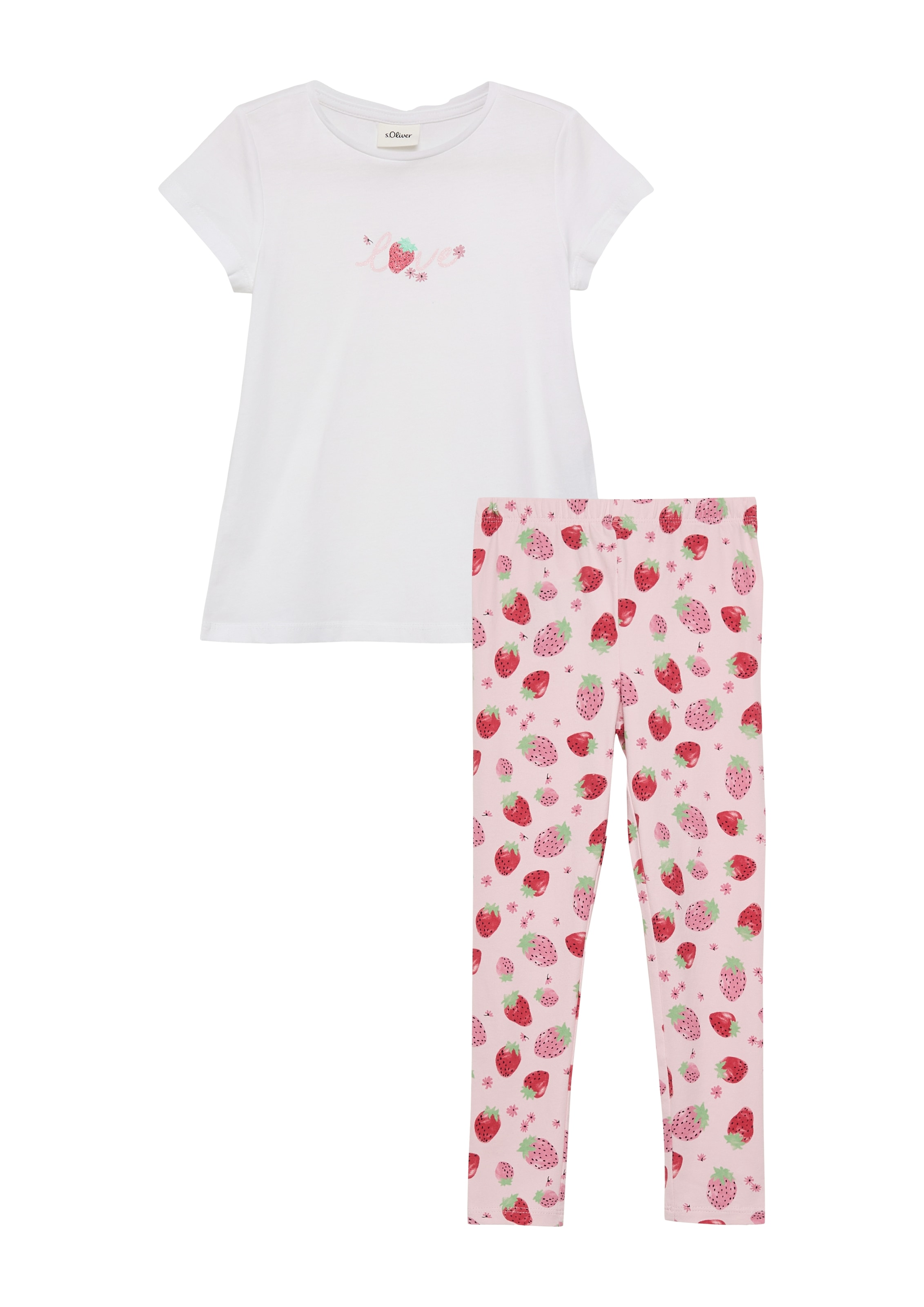 Shirt & Leggings S.OLIVER JUNIOR, Mädchen, Gr. 140, weiß, rose aop, Jersey, Obermaterial: 95% Baumwolle, 5% Elasthan, bedruckt, KOB Set-Artikel, 2er Set, gemusterte Leggings und Sommershirt, für Girls