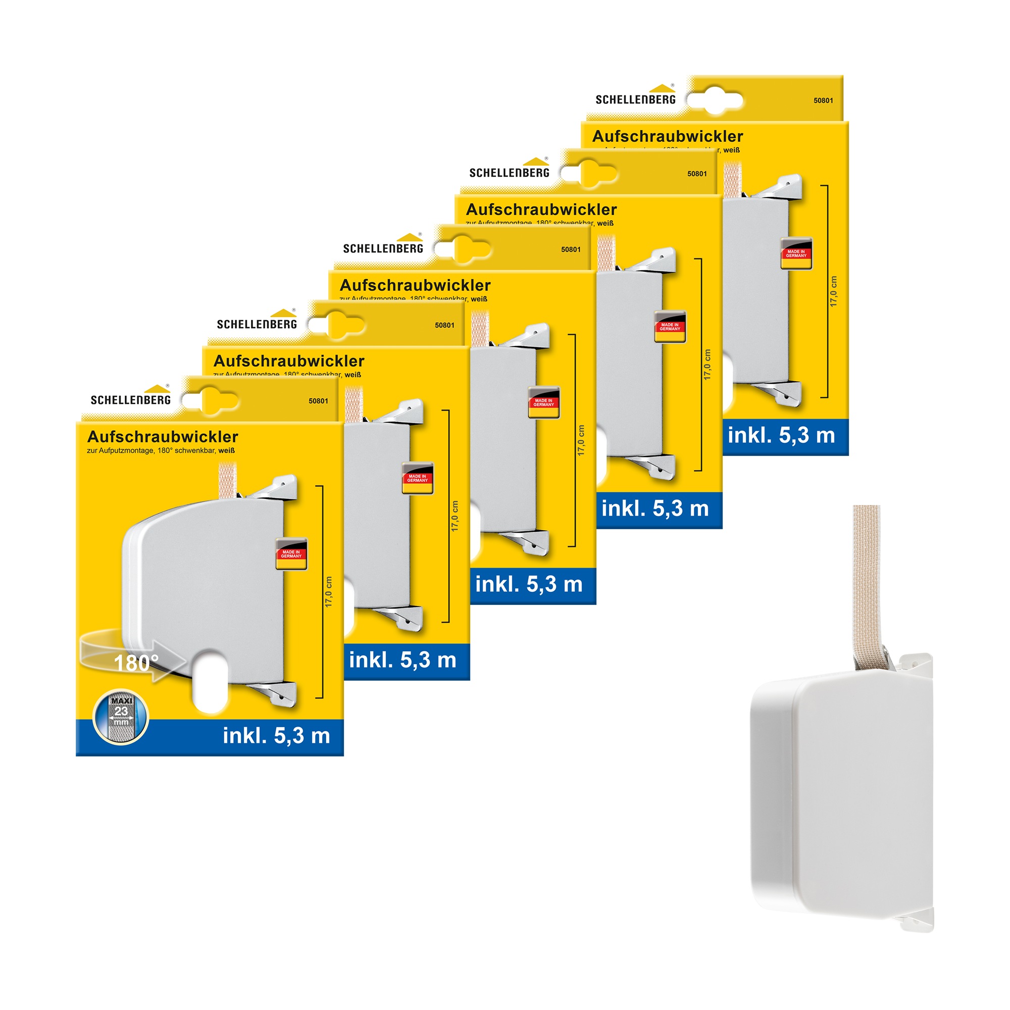 SCHELLENBERG Aufputz-Gurtwickler "Aufschraubwickler für das Rollladensystem Maxi" Set, 5 Stk. tlg. schwenkbar, mit vormontiertem Rollladengurtband, weiß oder braun