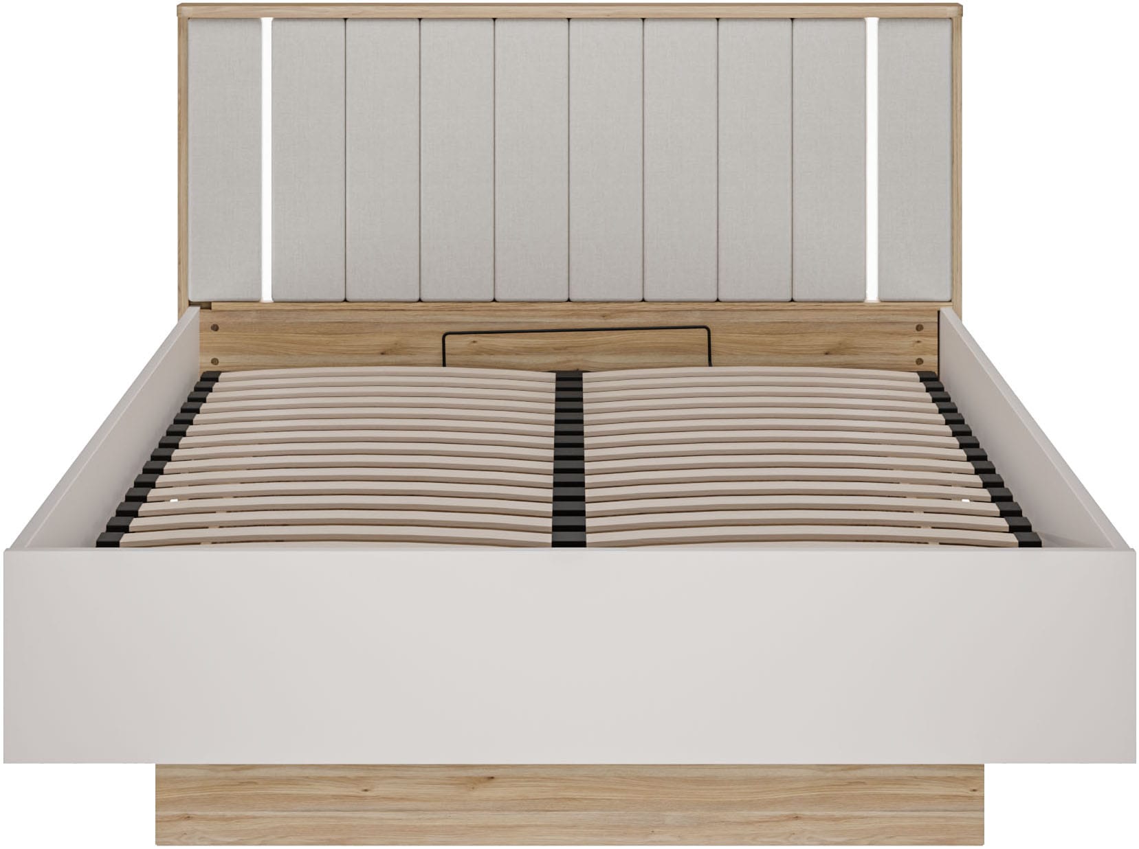 FORTE Bettgestell »Forte Seravel Bettanlage 140 o.160,  Lamellenoptik, warme Holznuancen« inklusive Beleuchtung, aufklappbarer Lattenrost, Stauraum