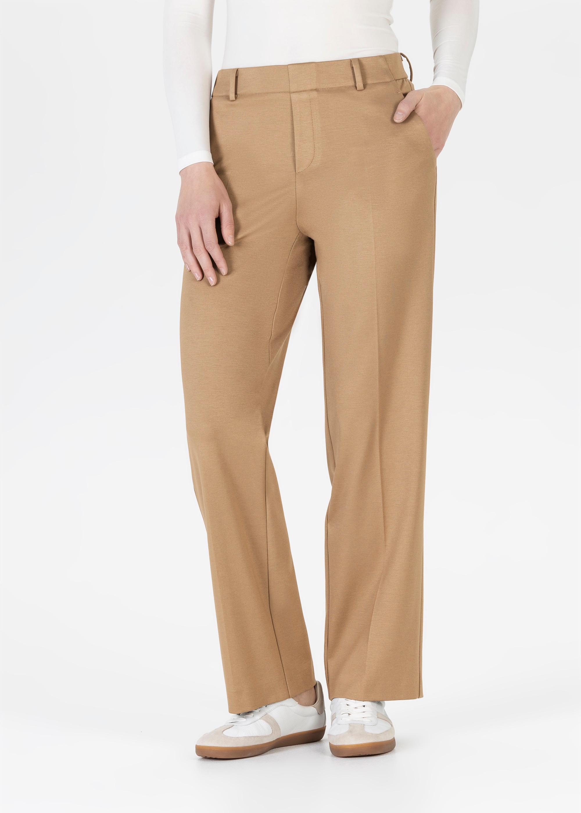 Jerseyhose STEHMANN "Fenja2-780", Damen, Gr. 42, N-Gr, teak wood, Web, Obermaterial: 68% Viskose, 27% Polyamid, 5% Elasthan, unifarben, straight fit normal, Hosen Jerseyhose, im Straight Fit, mit Bügelfalte