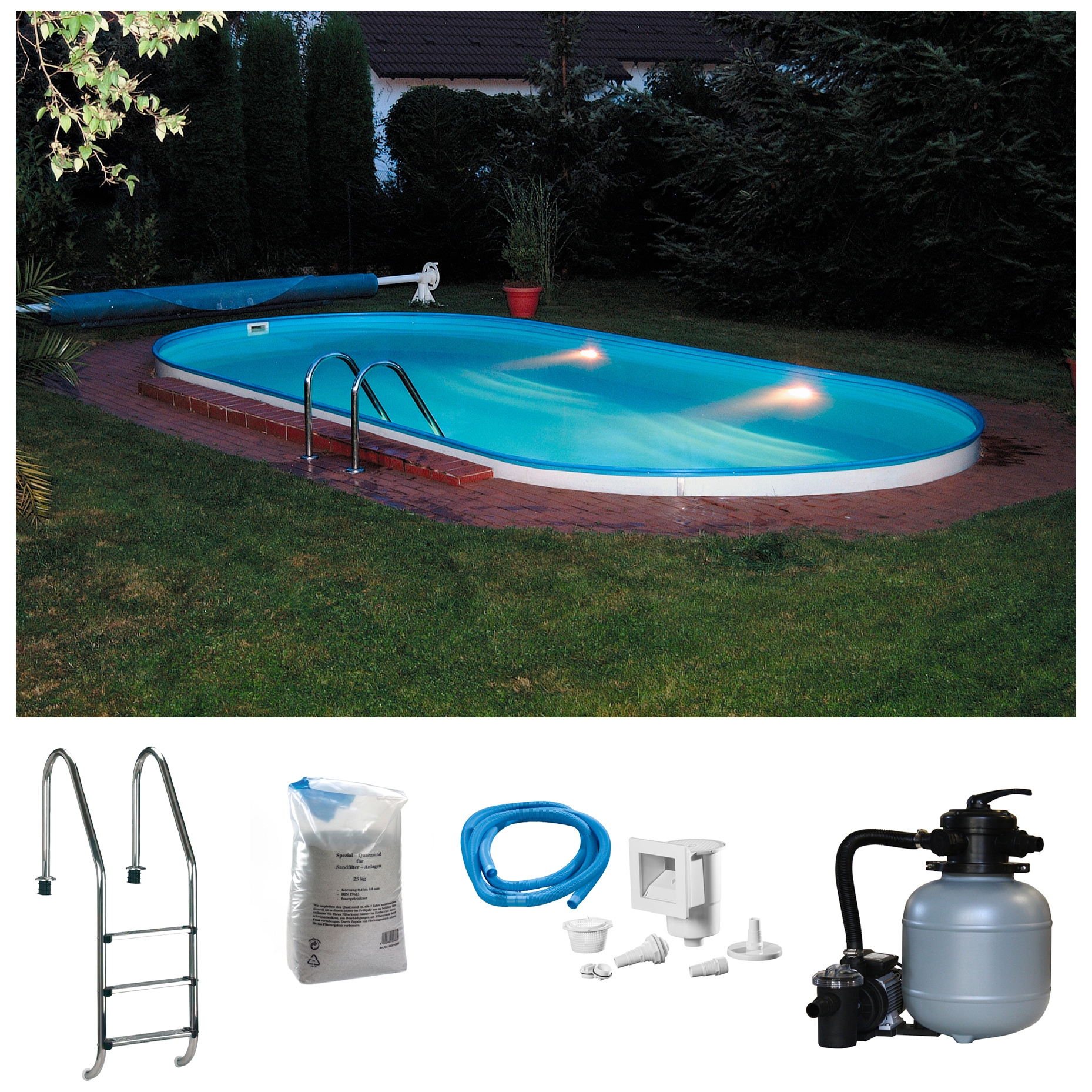 Ovalpool KONIFERA, B:300cm H:120cm L:490cm, weiß, Schwimmbecken, "LANZAROTE 1", für den Volleinbau inkl. umfangreichem Zubehör, verschiedene Größen