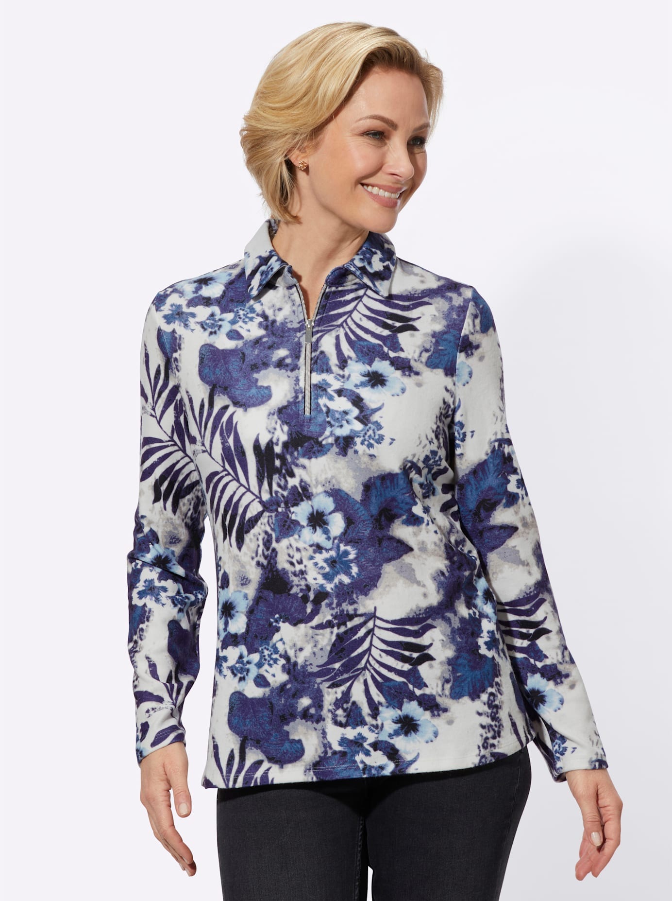 Poloshirt CLASSIC BASICS "Shirt", Damen, Gr. 46, blau (hellblau, marine, bedruckt), 95% Polyester, 5% Elasthan, gemustert, mehrfarbig, Shirts
