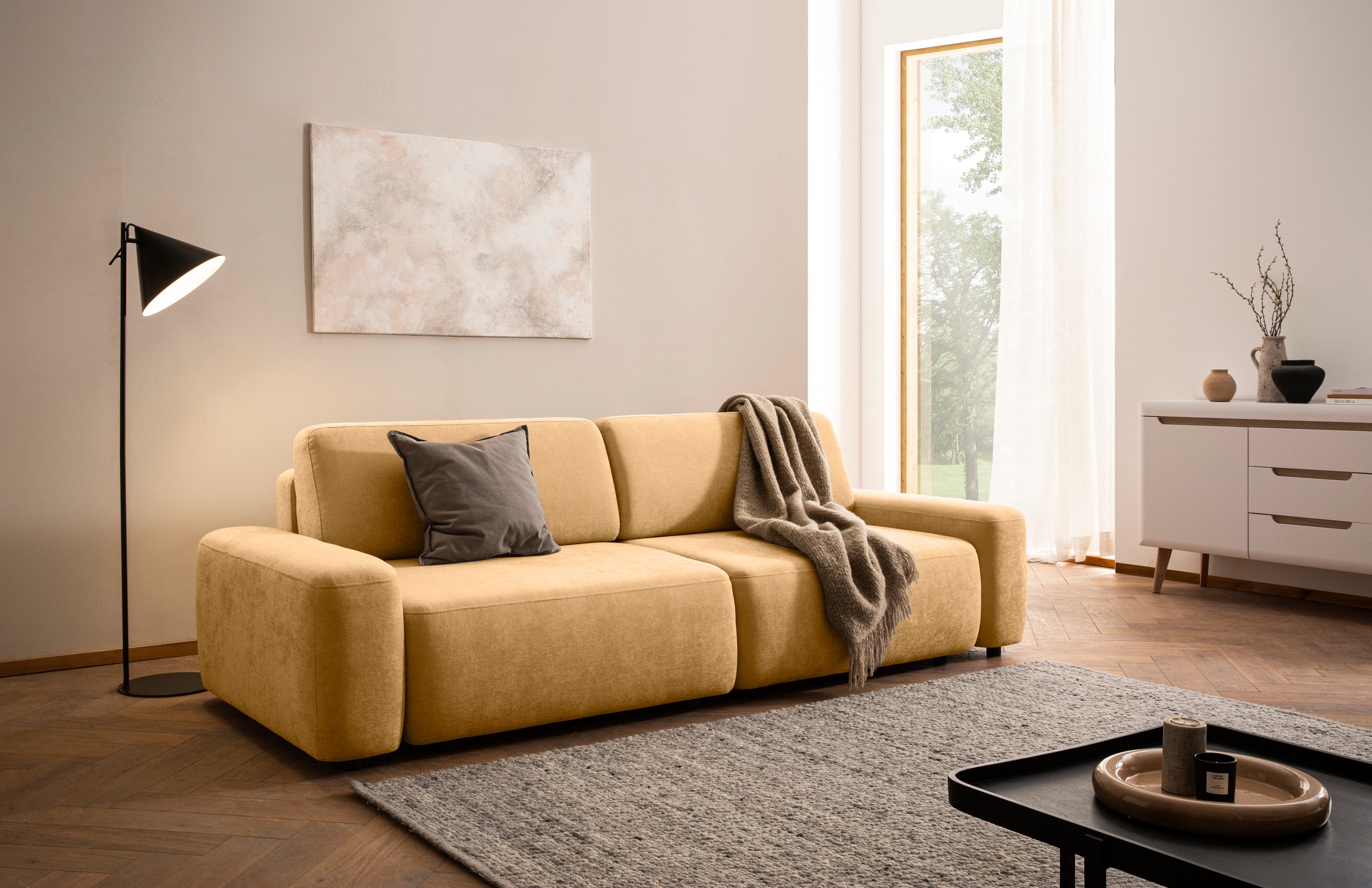 INOSIGN 3-Sitzer »TORGE (257cm), Sofa,Schlafsofa in Cord, Samtvelours, Struktur fein«, rundes Design, Schlaffunktion u. Bettkasten, Liegefläche: 135/200 cm