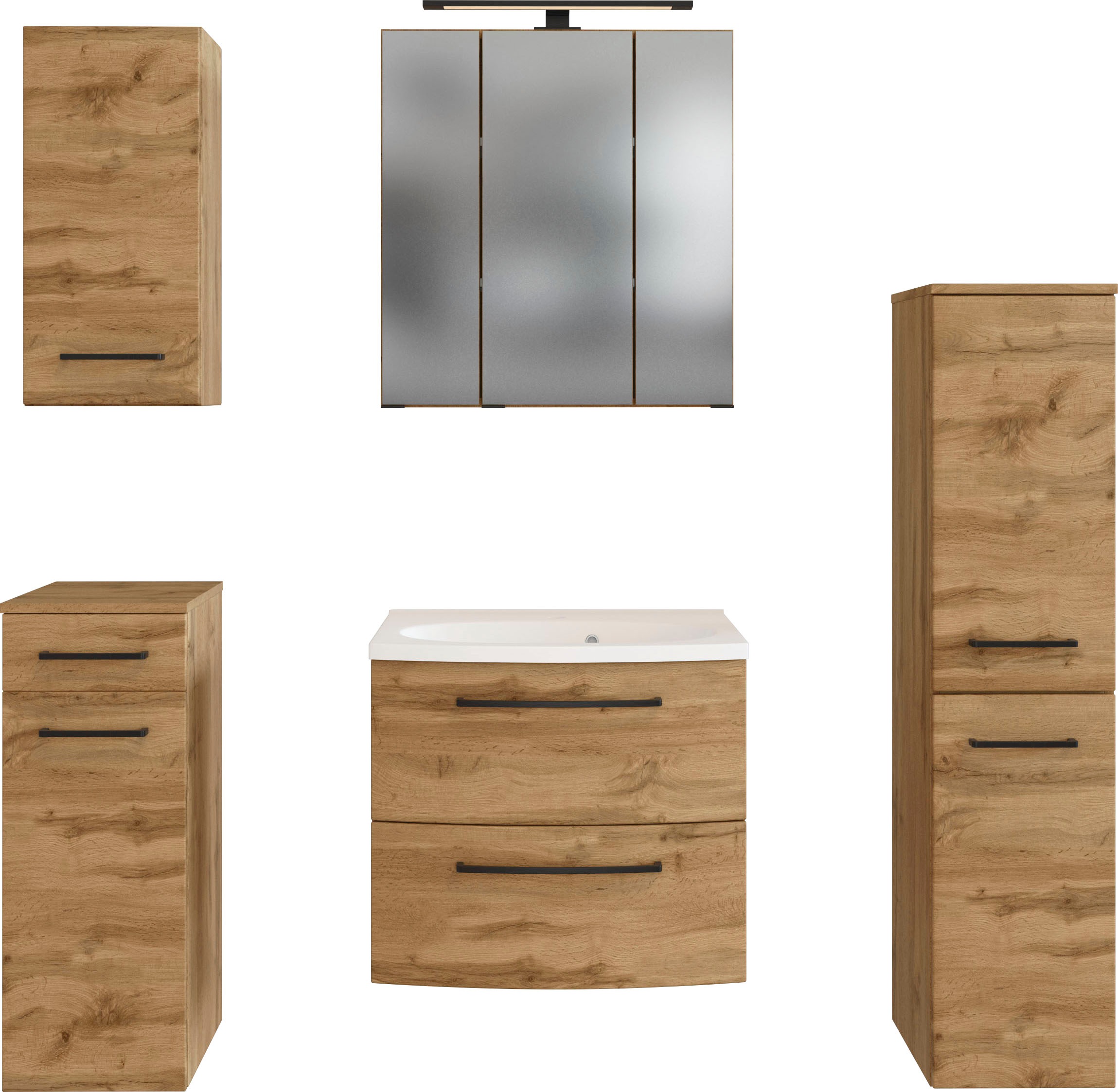 Thumbnail - welltime Badmöbel-Set "Chicago" Spiegelschrank, Waschtisch, Hängeschrank, Unterschrank, Midischrank, 5 Stk. tlg.