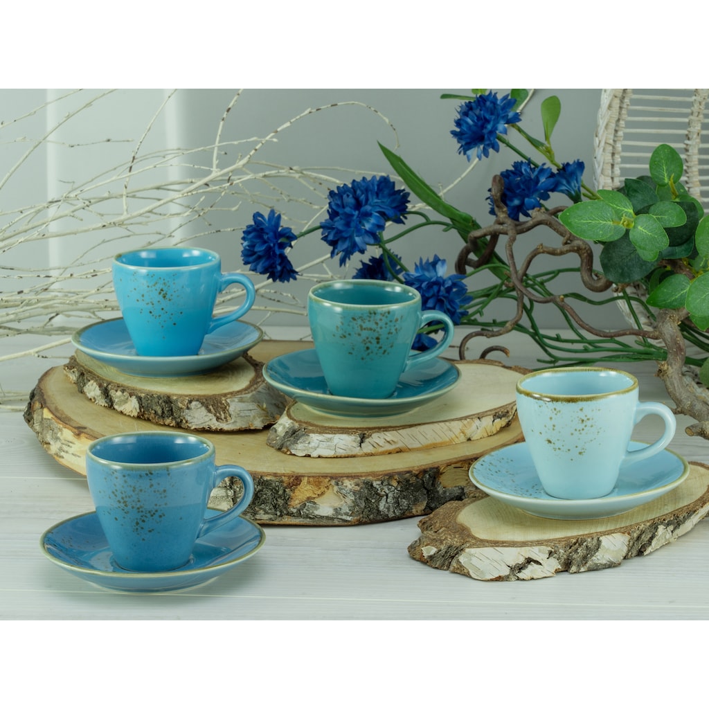 CreaTable Espressotasse »NATURE COLLECTION Aqua«, (Set, 8 tlg.), aktuelle Blautöne mit Sprenkel, 4 Tassen, 4 Unterteller