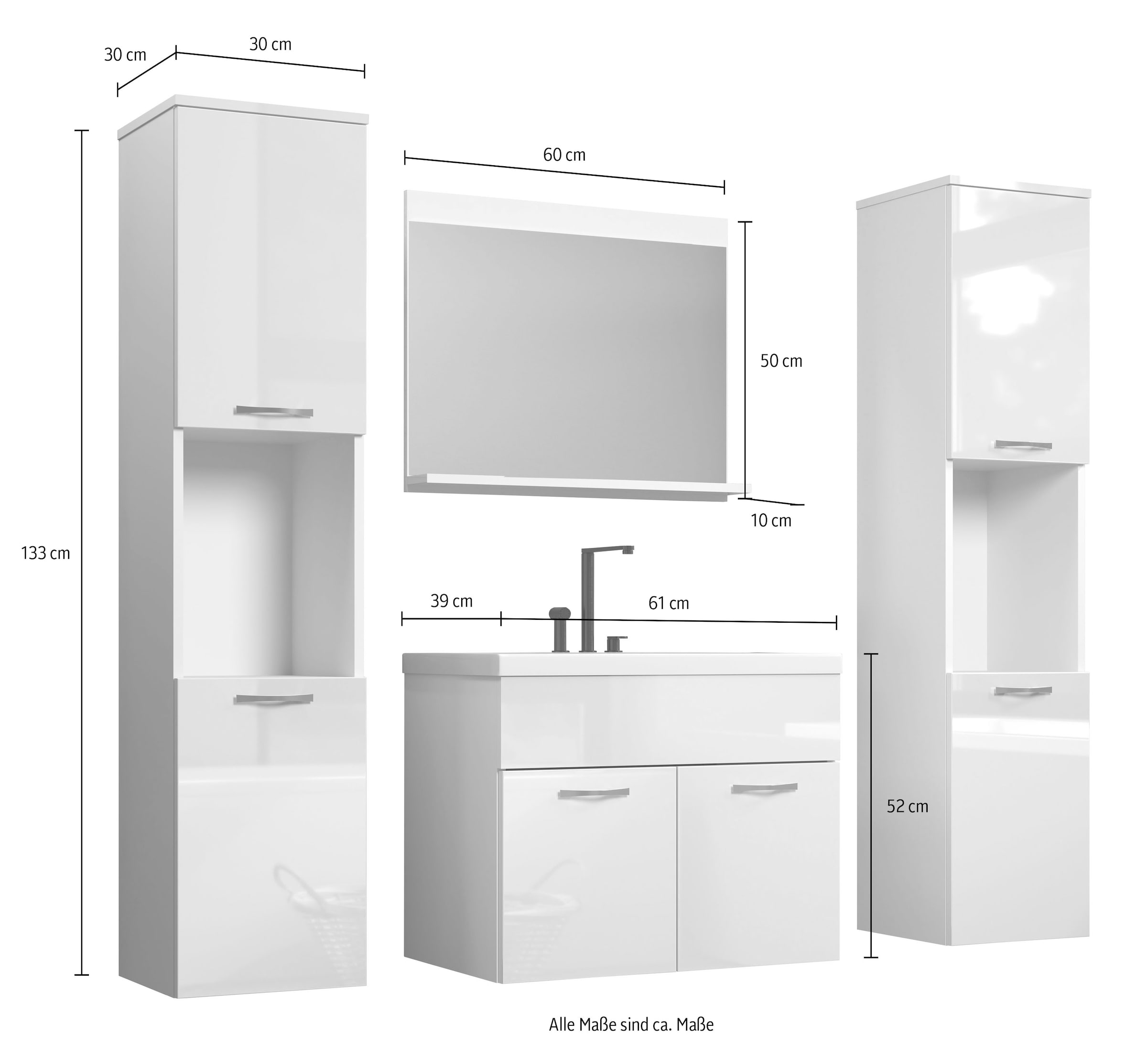 welltime Badezimmer-Set »Kuba«, (Komplett-Set, 4 St.), Hängeschränke, Waschtisch mit Waschbecken und Wandspiegel mit Ablage