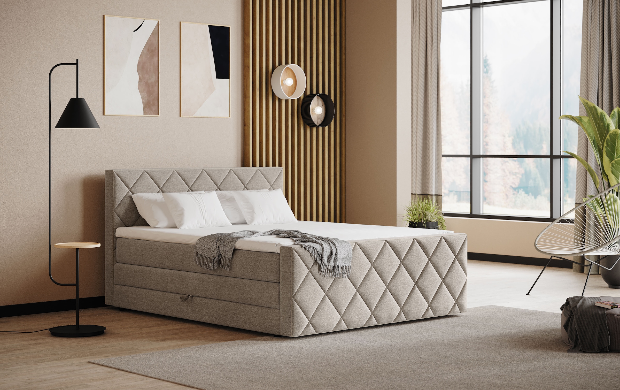 Boxspringbett COTTA "Tower inkl. Bettkasten, mit Keder in abgesetzter Farbe", elephant, keder: sand, B:181cm L:228cm, 100% POLYESTER (PES), Komplettbetten, Boxspringbett, in verschiedenen Breiten, Härtegraden und Farben erhältlich