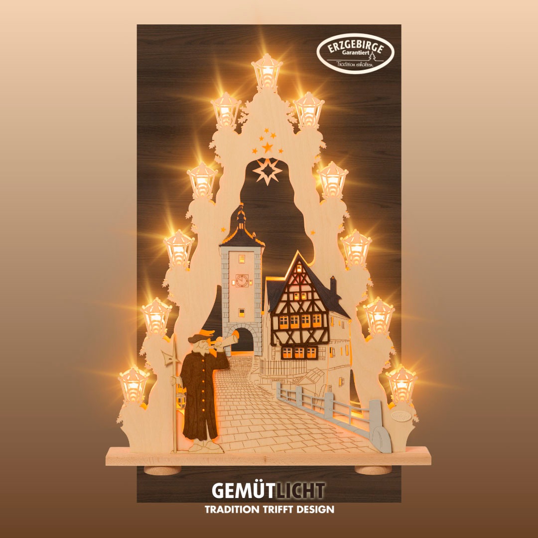 Weigla Schwibbogen »Rothenburg ob der Tauber, große Lichterspitze aus Holz, Fachwerkhaus«, Erzgebirge garantiert, Weihnachtsdeko Innen, Weihnachtsbeleuchtung