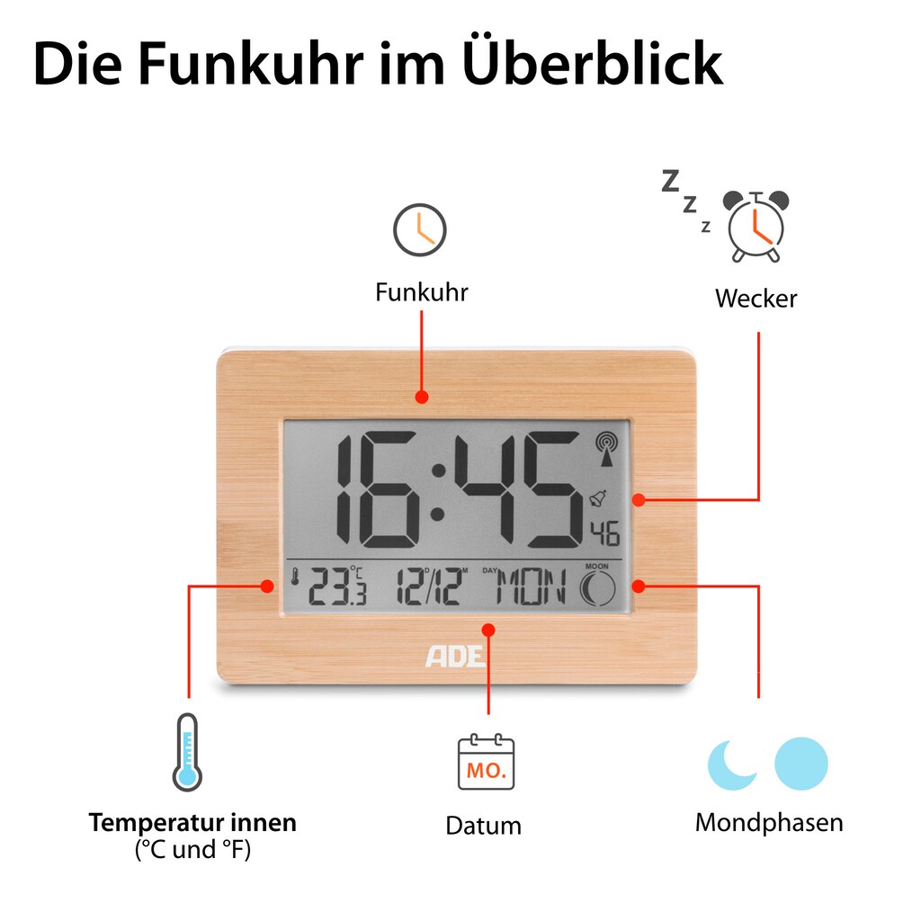 Marken Ade ADE Funkwecker »CK 1702«, Tischuhr mit echtem Bambus-Rahmen, Temperatur, DCF-Zeitsignal 