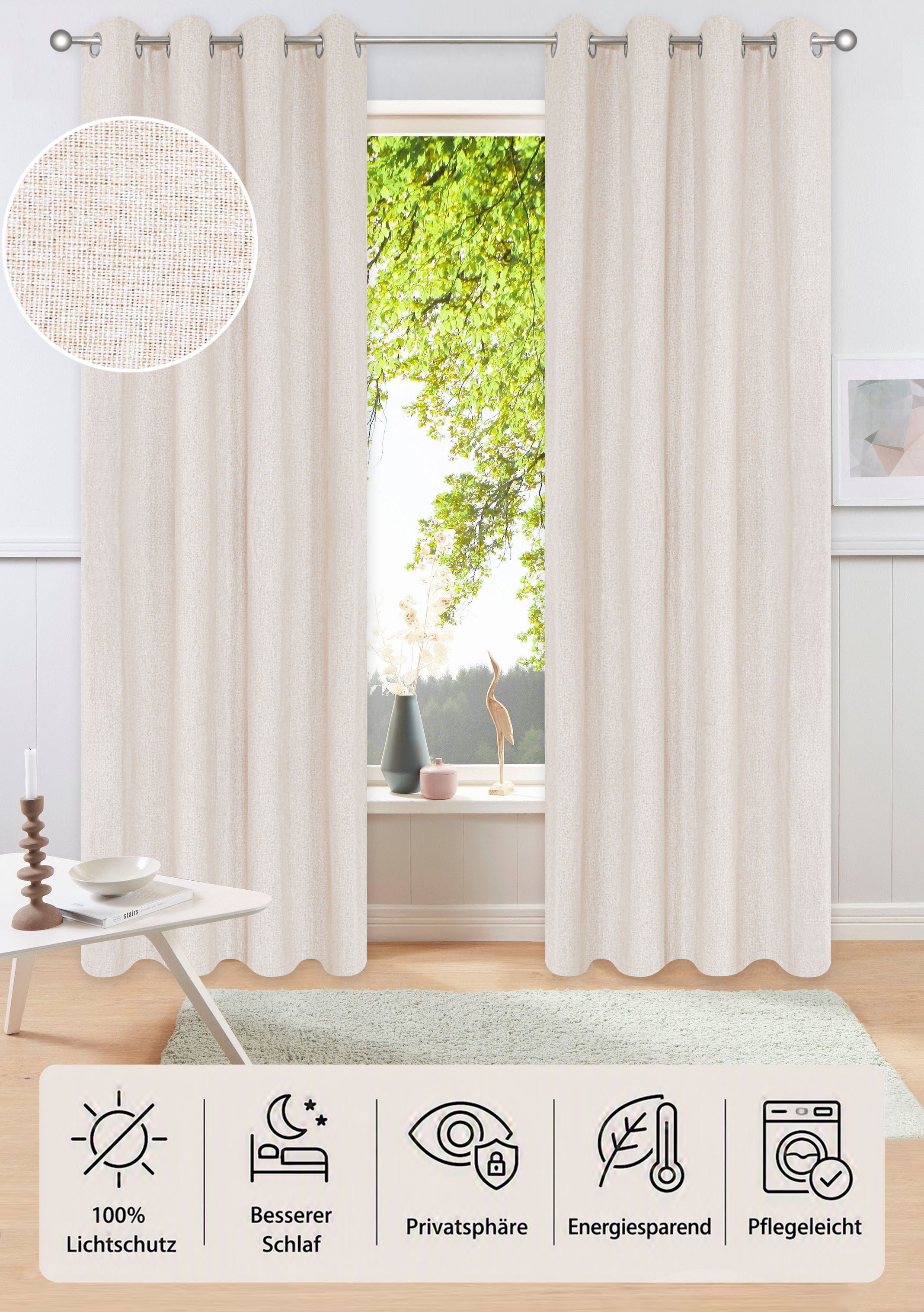 Verdunkelungsvorhang OTTO HOME, B:140cm H:175cm, beige, Polyester, Kinderzimmer, Gardinen, "Onnika, 100% verdunkelnd", Ösen-Aufhängung, pflegeleicht,
