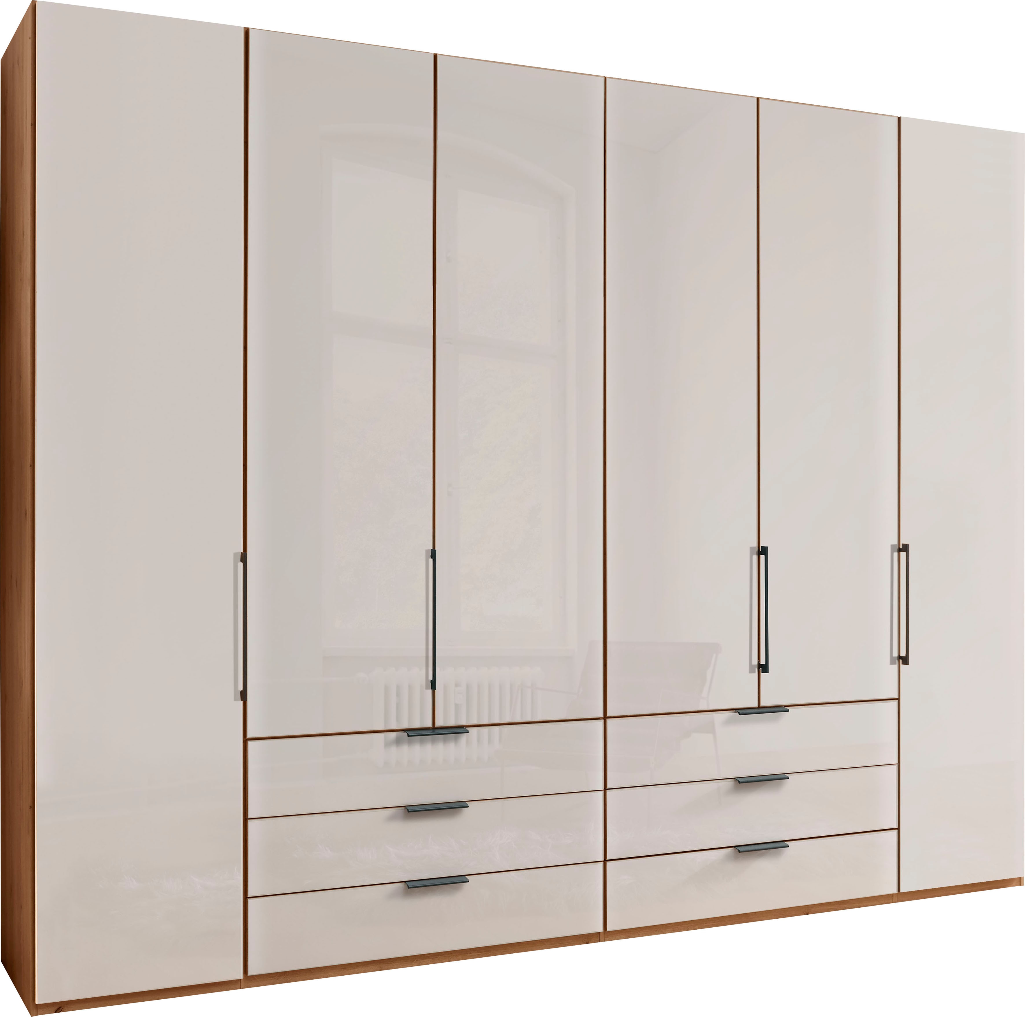 WIEMANN Falttürenschrank "Monaco, Kleiderschrank, Schrank, Wäscheschrank, mit edler Glasfront" 2 Breiten, 2 Höhen 216/236 cm auswählbar, MADE IN GERMANY, inkl. gepämpften Schubkästen und Türen, mit Panoramaöffnung
