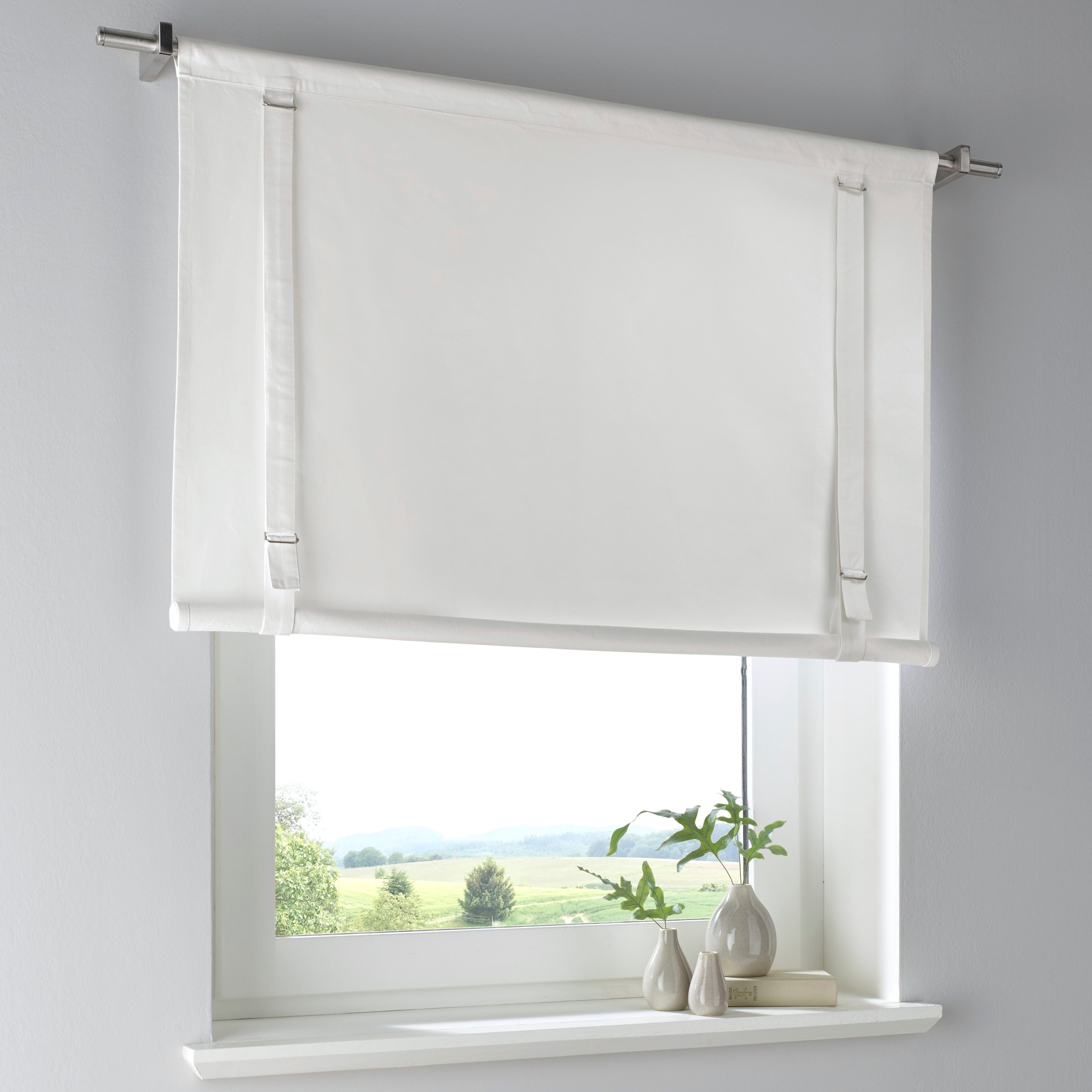 Raffrollo KUTTI, B:60cm H:100cm, weiß, Obermaterial: 100% Baumwolle, Küche, Raffrollos, "Tim", Baumwolle weiß Raffgardine Bindegardine